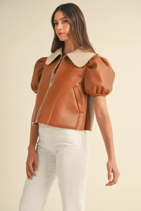 NEWEST ARRIVAL Camel Pleather Short Puff Sleeve Jacket
