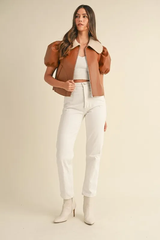 NEWEST ARRIVAL Camel Pleather Short Puff Sleeve Jacket