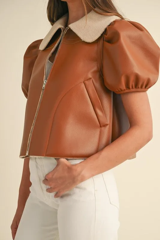 NEWEST ARRIVAL Camel Pleather Short Puff Sleeve Jacket