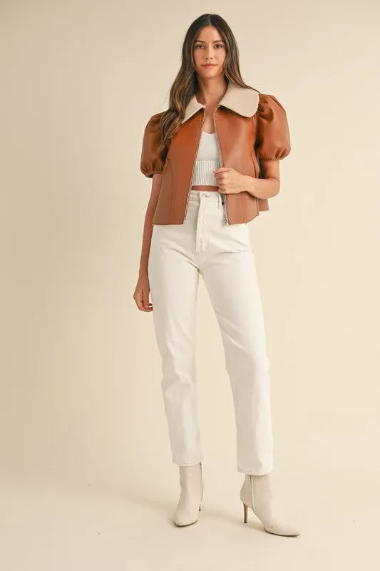 NEWEST ARRIVAL Camel Pleather Short Puff Sleeve Jacket