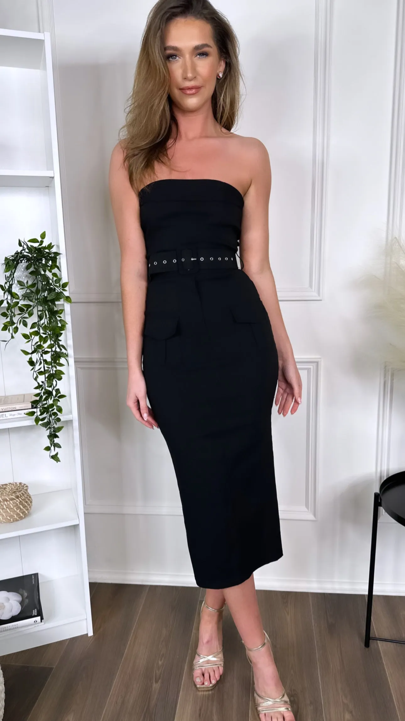 Nico Black Stretch Cotton Strapless Belted Bodycon Midi Dress