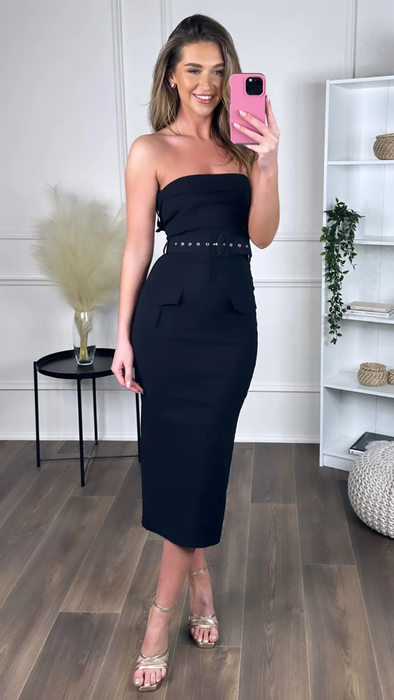 Nico Black Stretch Cotton Strapless Belted Bodycon Midi Dress