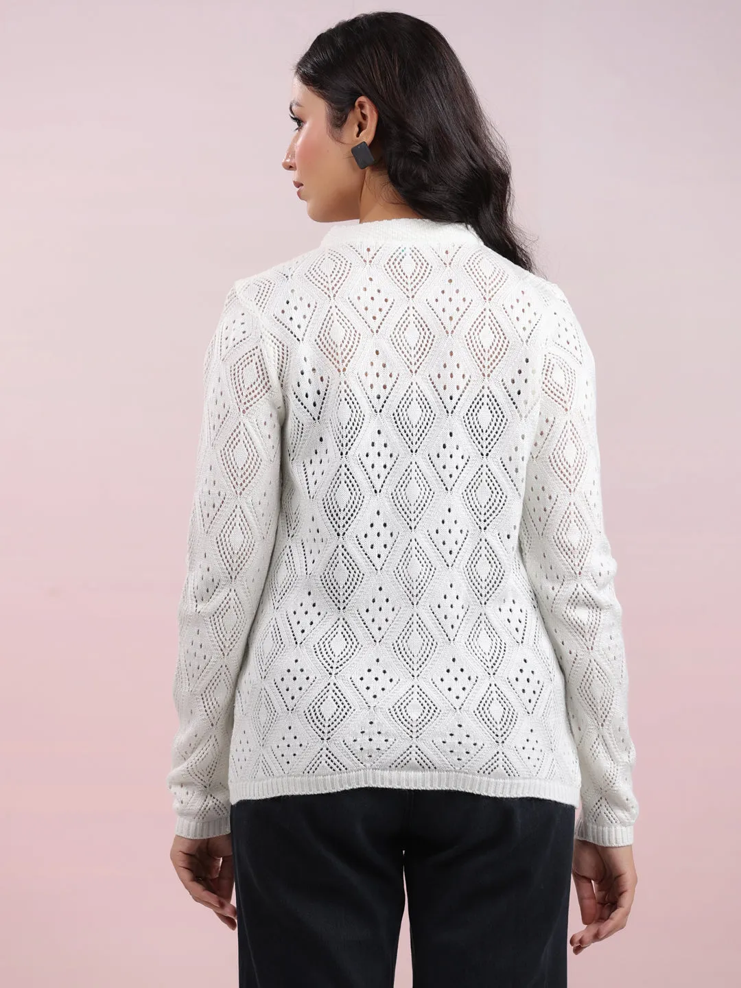 Off White Woolen Self Design Winter Cardigan Shrug