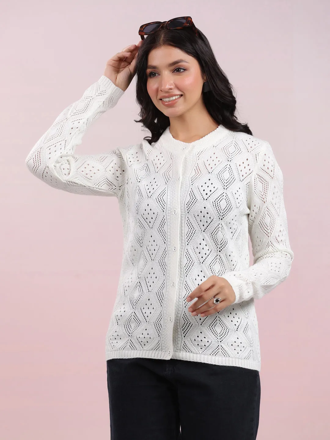 Off White Woolen Self Design Winter Cardigan Shrug