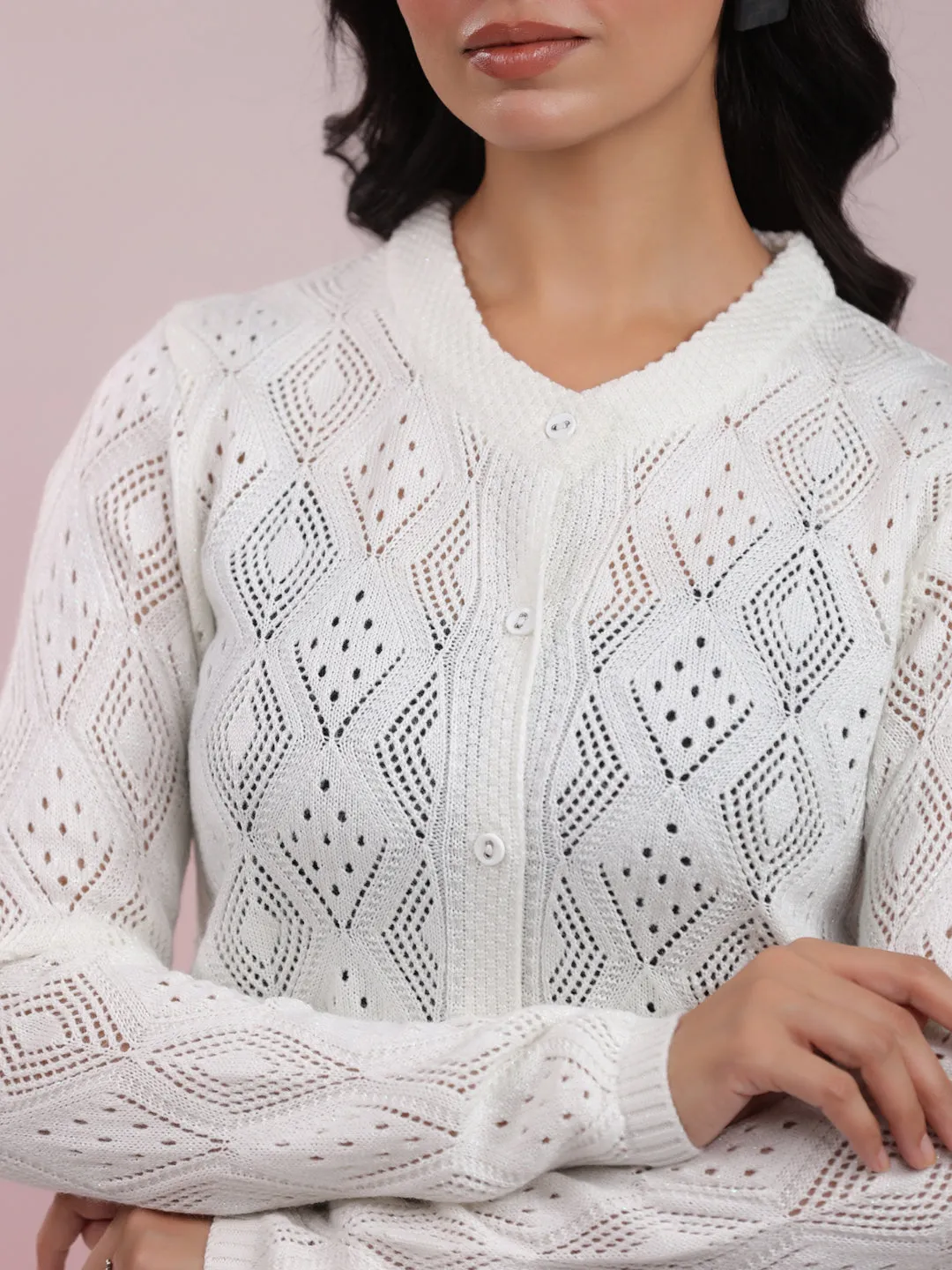 Off White Woolen Self Design Winter Cardigan Shrug