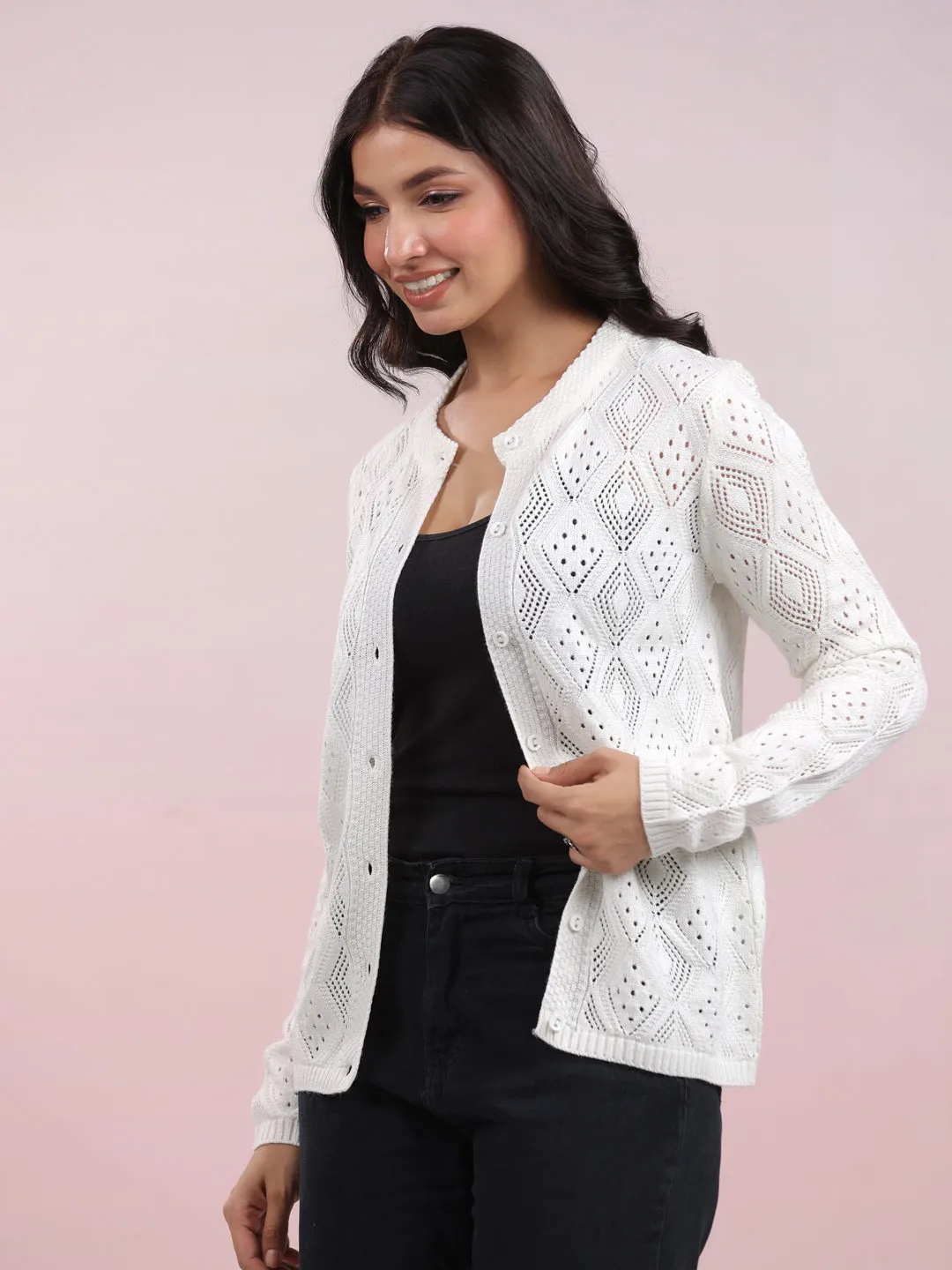 Off White Woolen Self Design Winter Cardigan Shrug