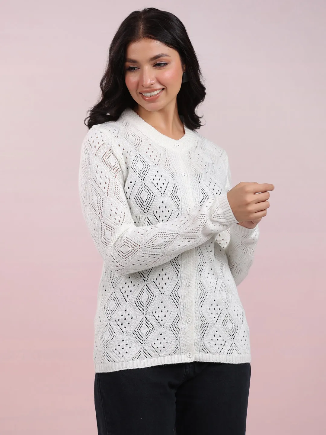 Off White Woolen Self Design Winter Cardigan Shrug