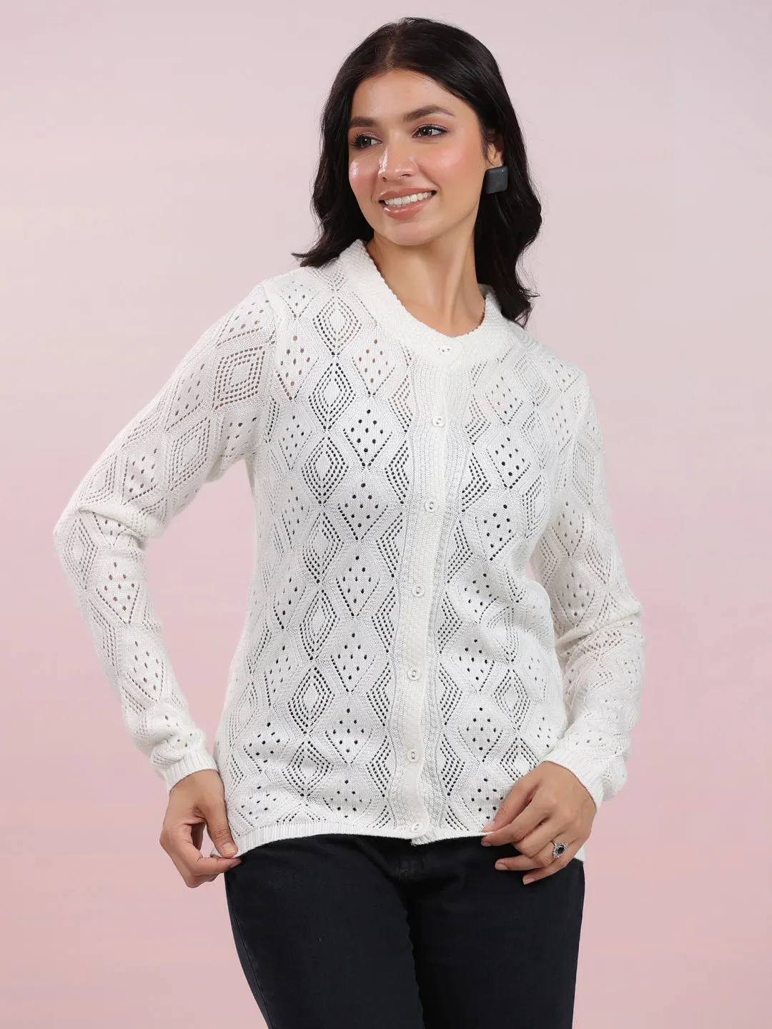 Off White Woolen Self Design Winter Cardigan Shrug