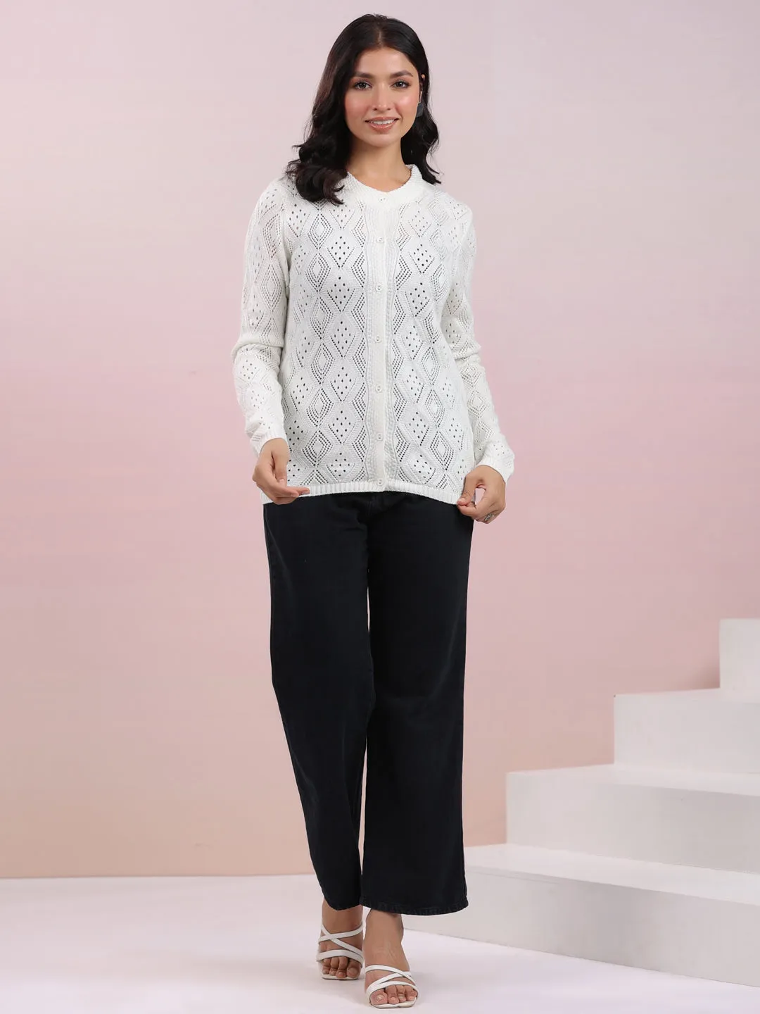 Off White Woolen Self Design Winter Cardigan Shrug