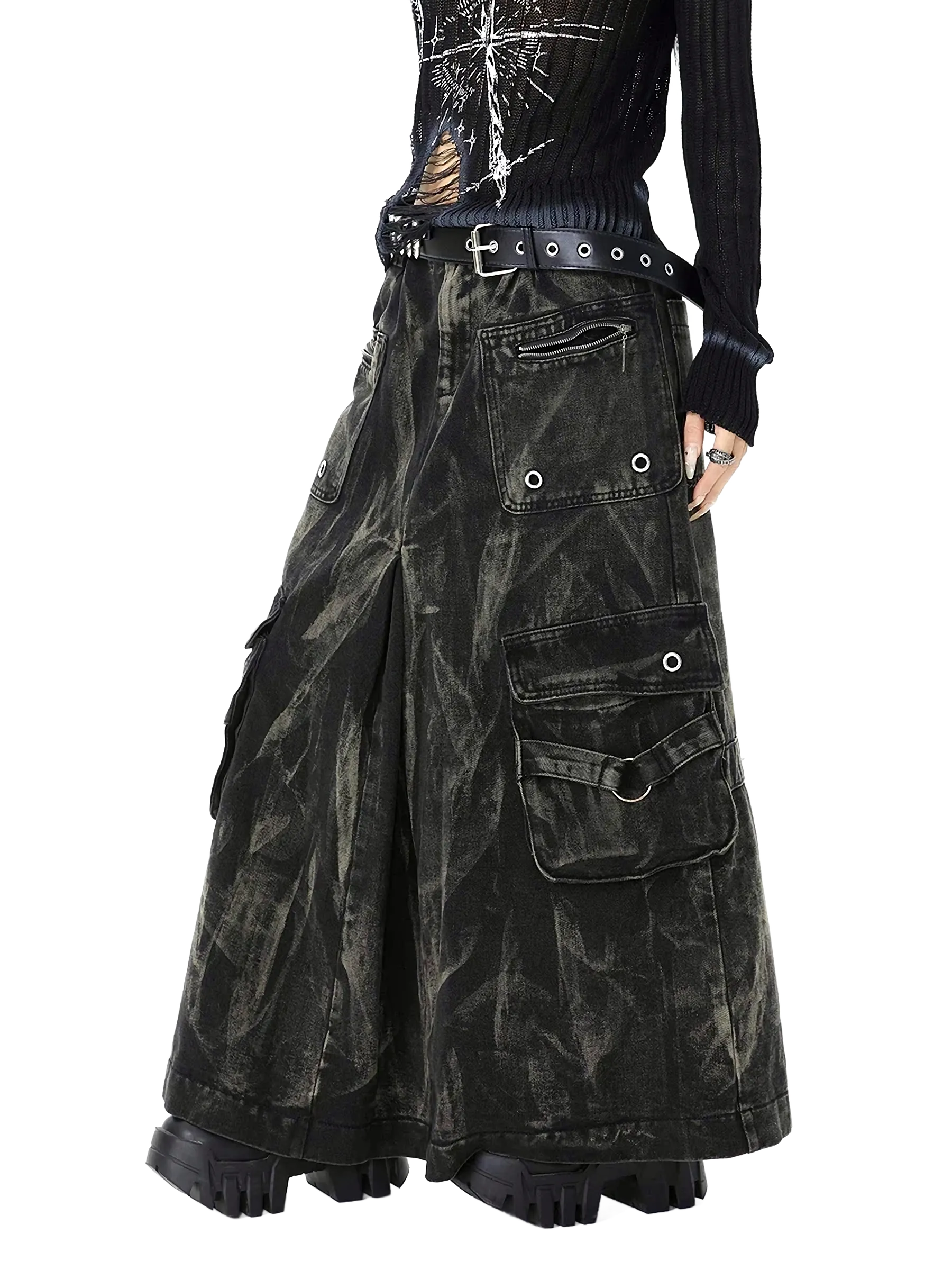 'Outcast' Rugged Black Denim Cargo Maxi Skirt