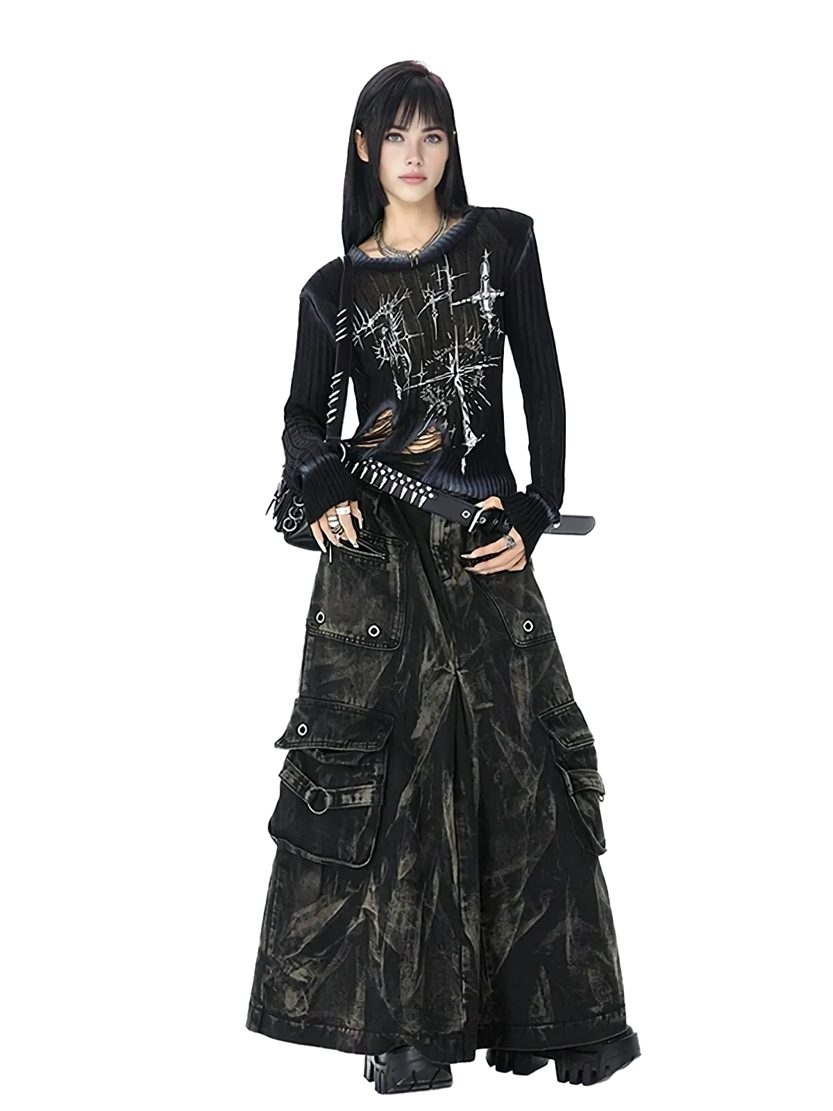 'Outcast' Rugged Black Denim Cargo Maxi Skirt