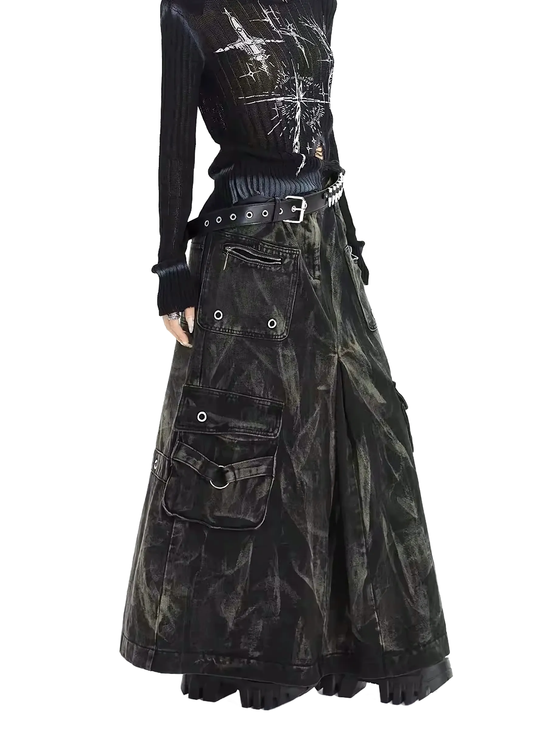 'Outcast' Rugged Black Denim Cargo Maxi Skirt