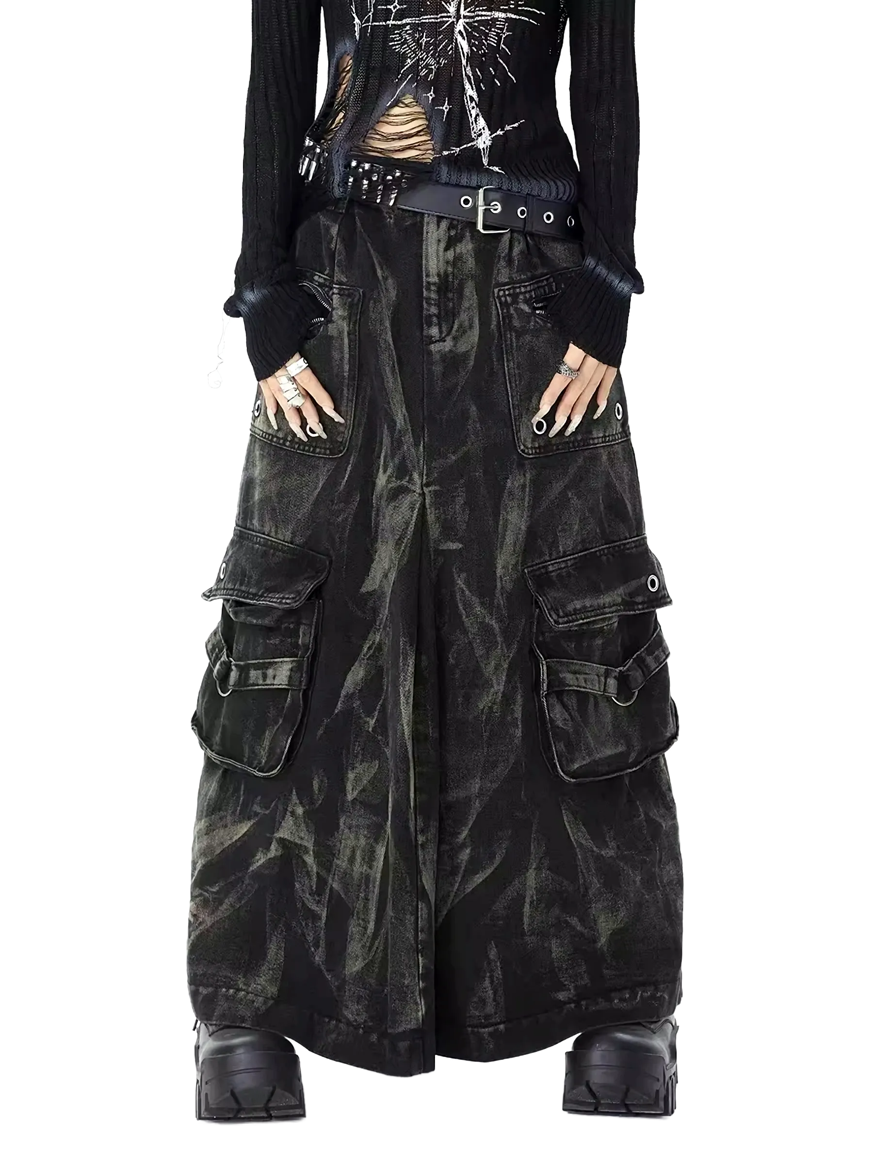 'Outcast' Rugged Black Denim Cargo Maxi Skirt