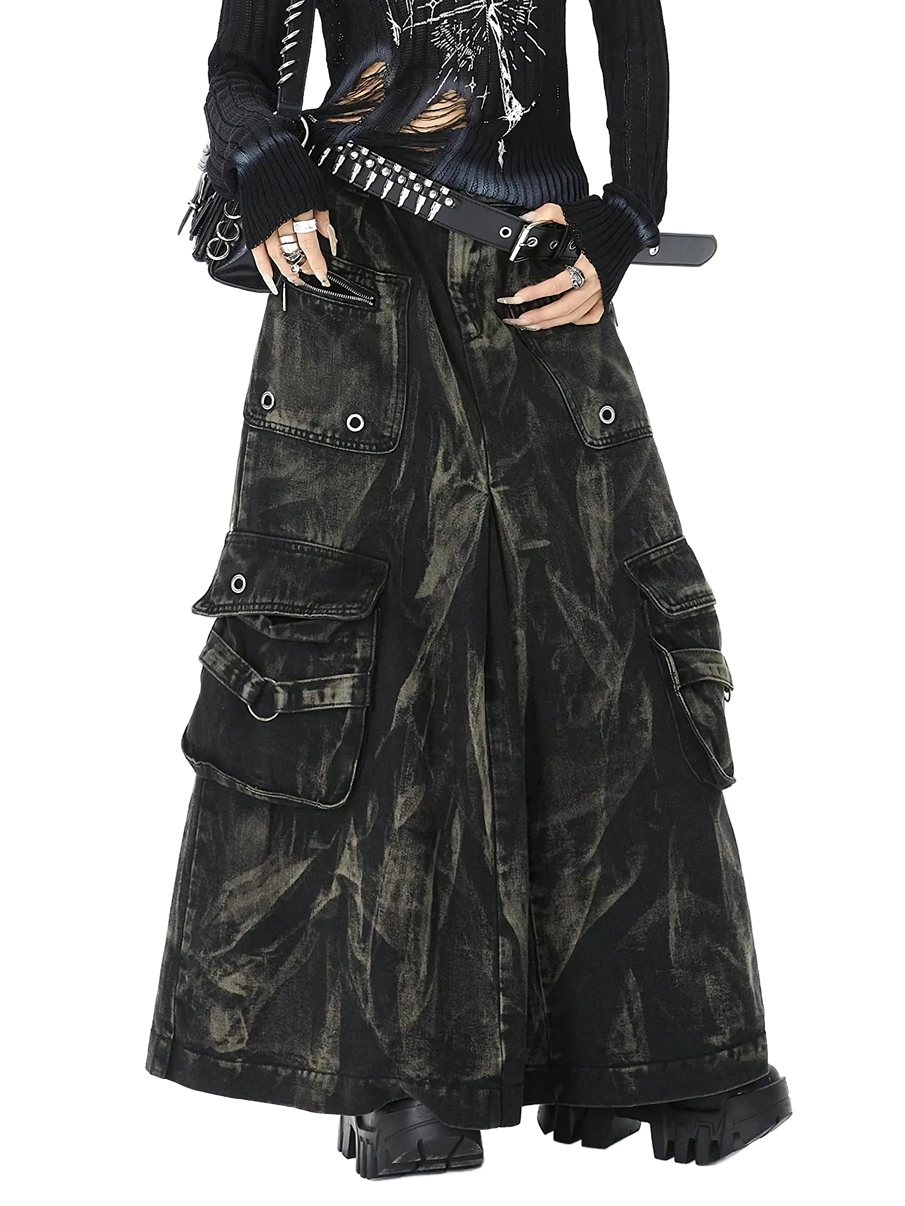'Outcast' Rugged Black Denim Cargo Maxi Skirt