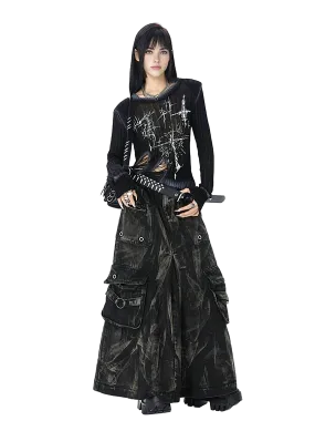 'Outcast' Rugged Black Denim Cargo Maxi Skirt