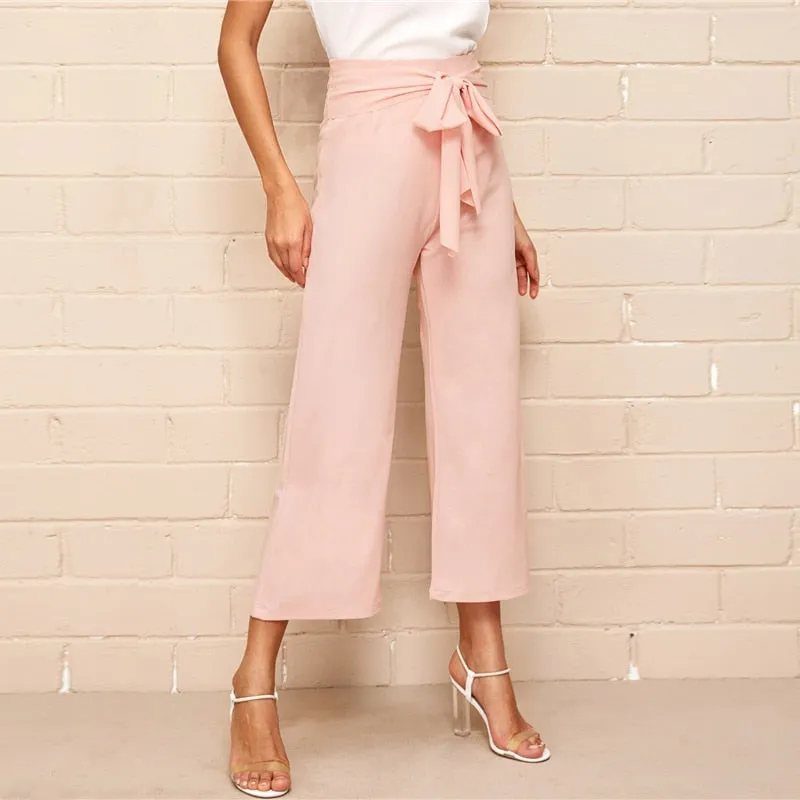 Pink High Waist Belted Wide Leg Pants