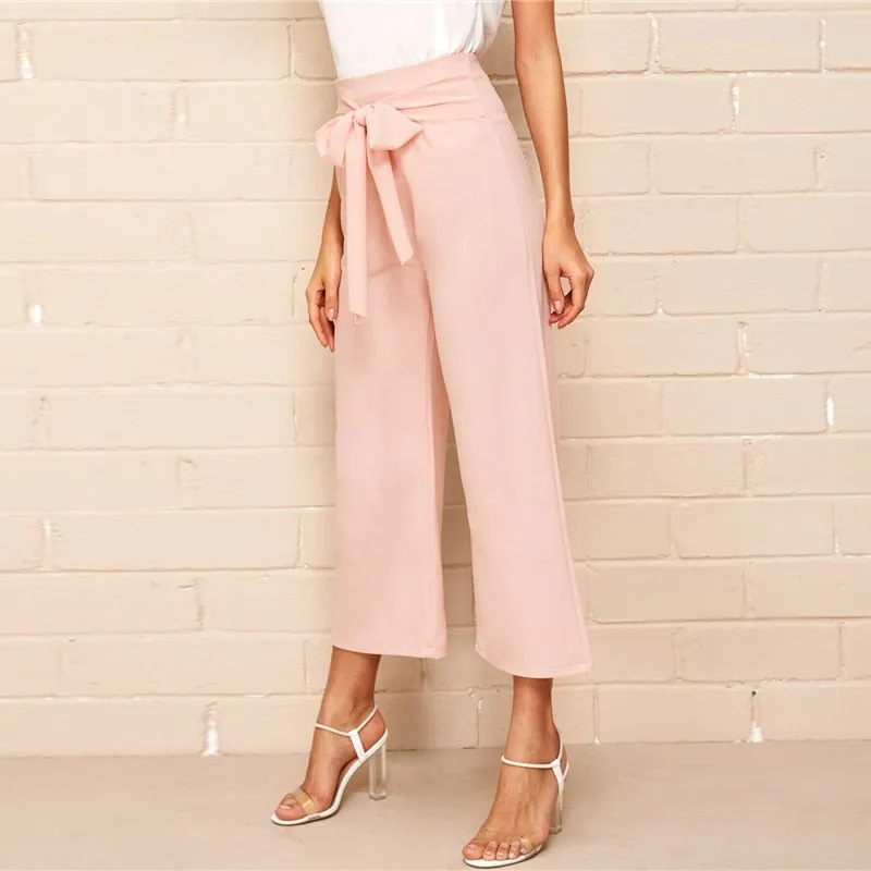Pink High Waist Belted Wide Leg Pants
