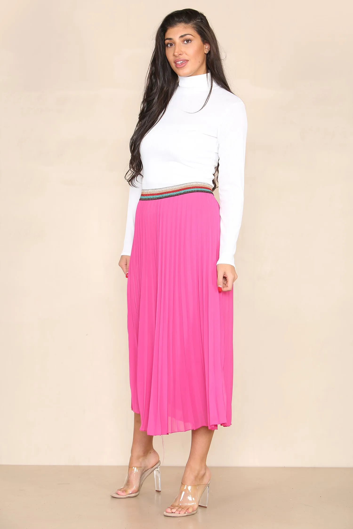 Pleated Midi Skirt with Rainbow Elasticated Waistband
