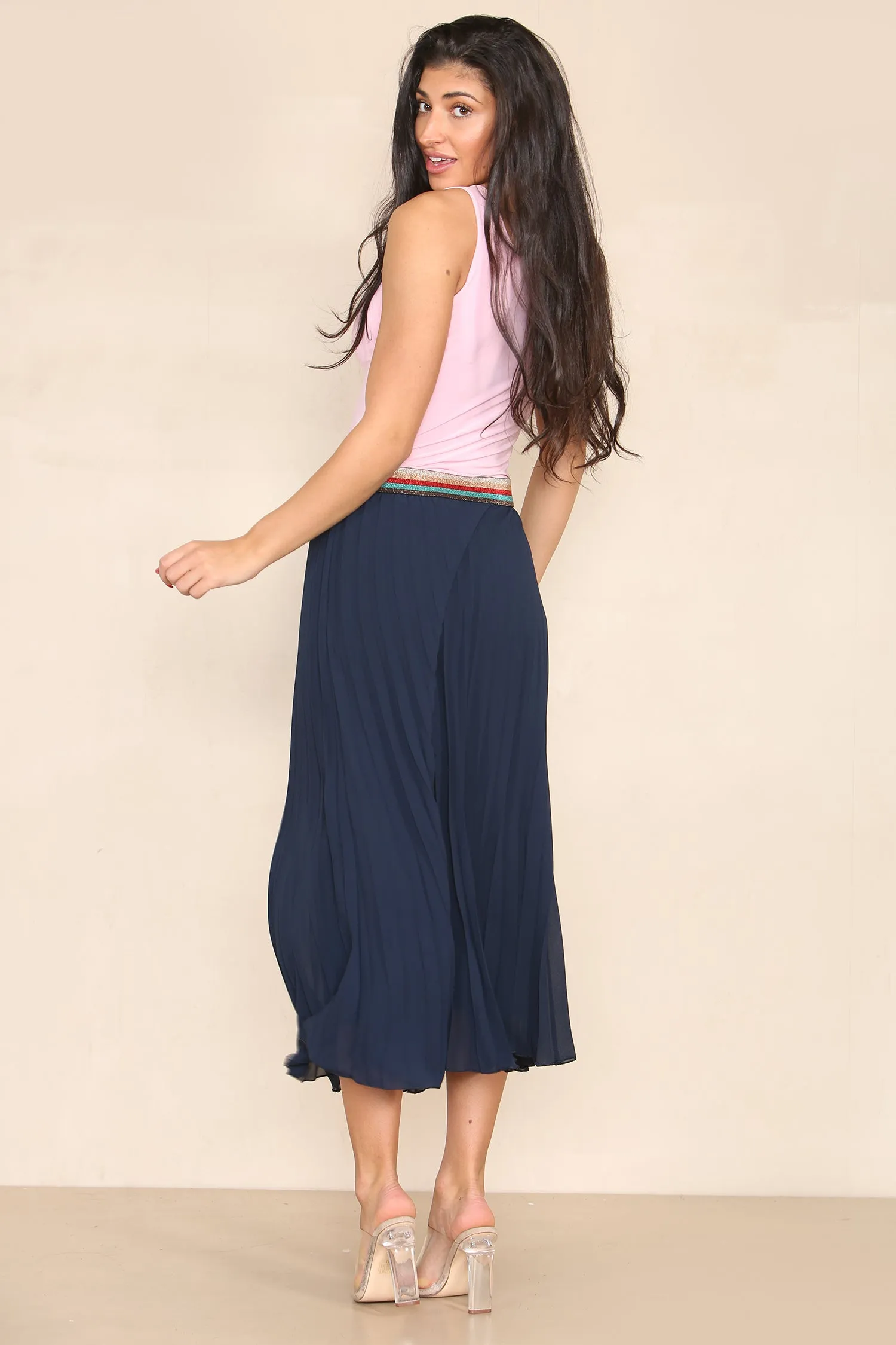 Pleated Midi Skirt with Rainbow Elasticated Waistband