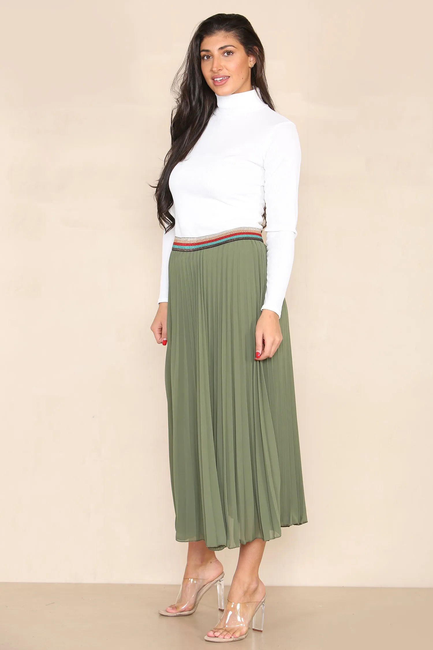 Pleated Midi Skirt with Rainbow Elasticated Waistband