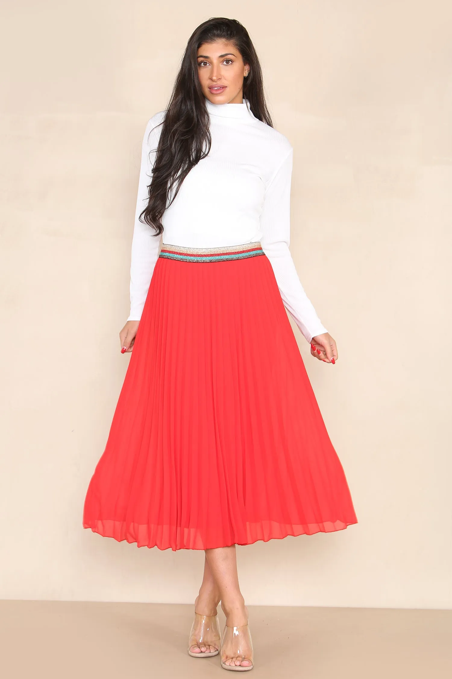 Pleated Midi Skirt with Rainbow Elasticated Waistband