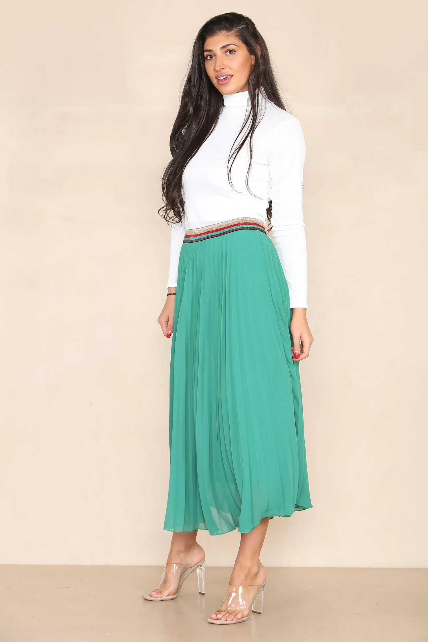 Pleated Midi Skirt with Rainbow Elasticated Waistband