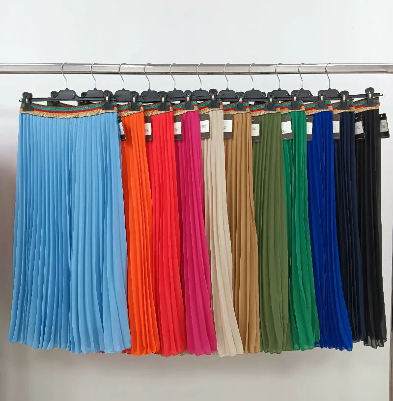 Pleated Midi Skirt with Rainbow Elasticated Waistband