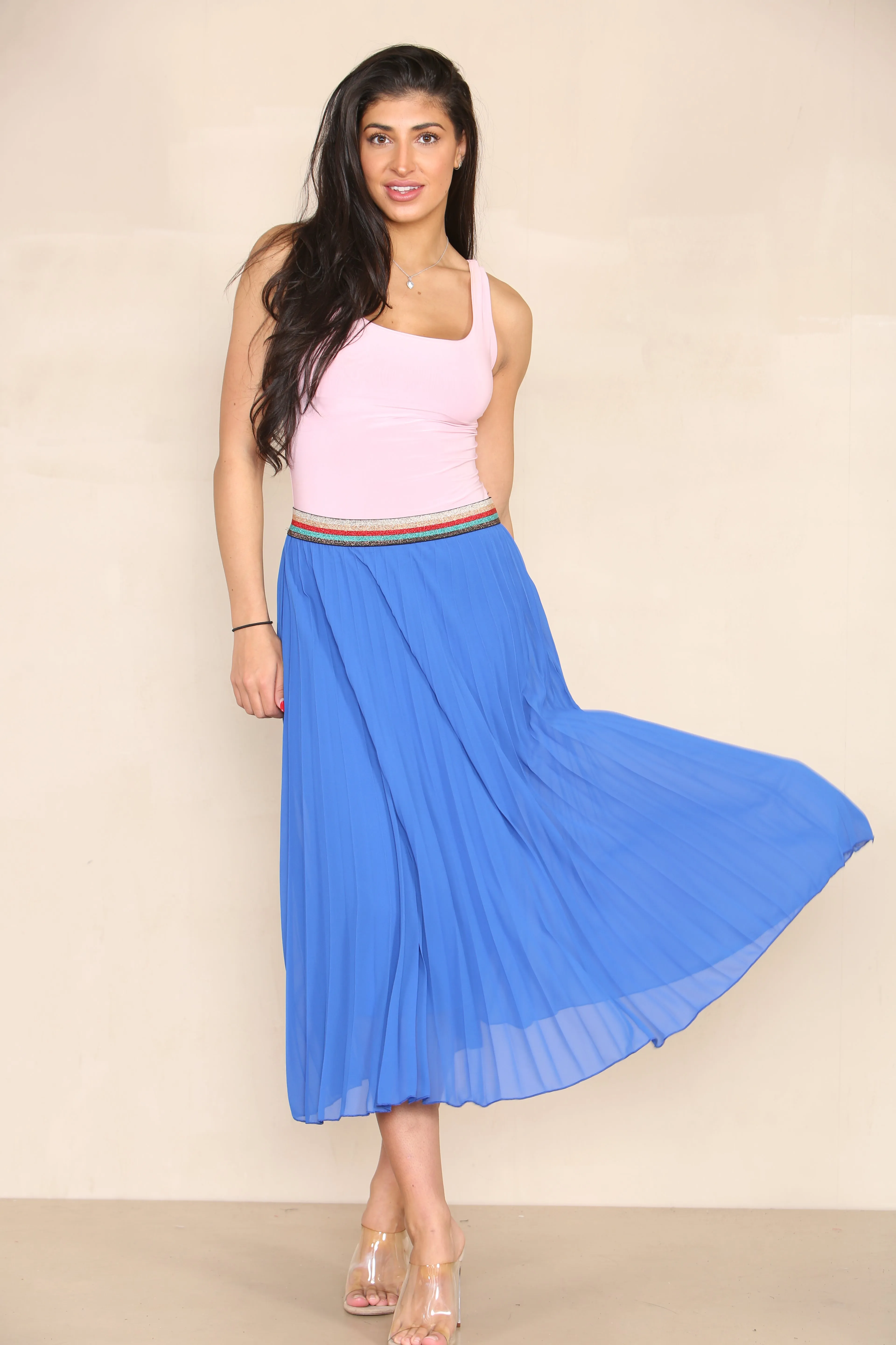 Pleated Midi Skirt with Rainbow Elasticated Waistband