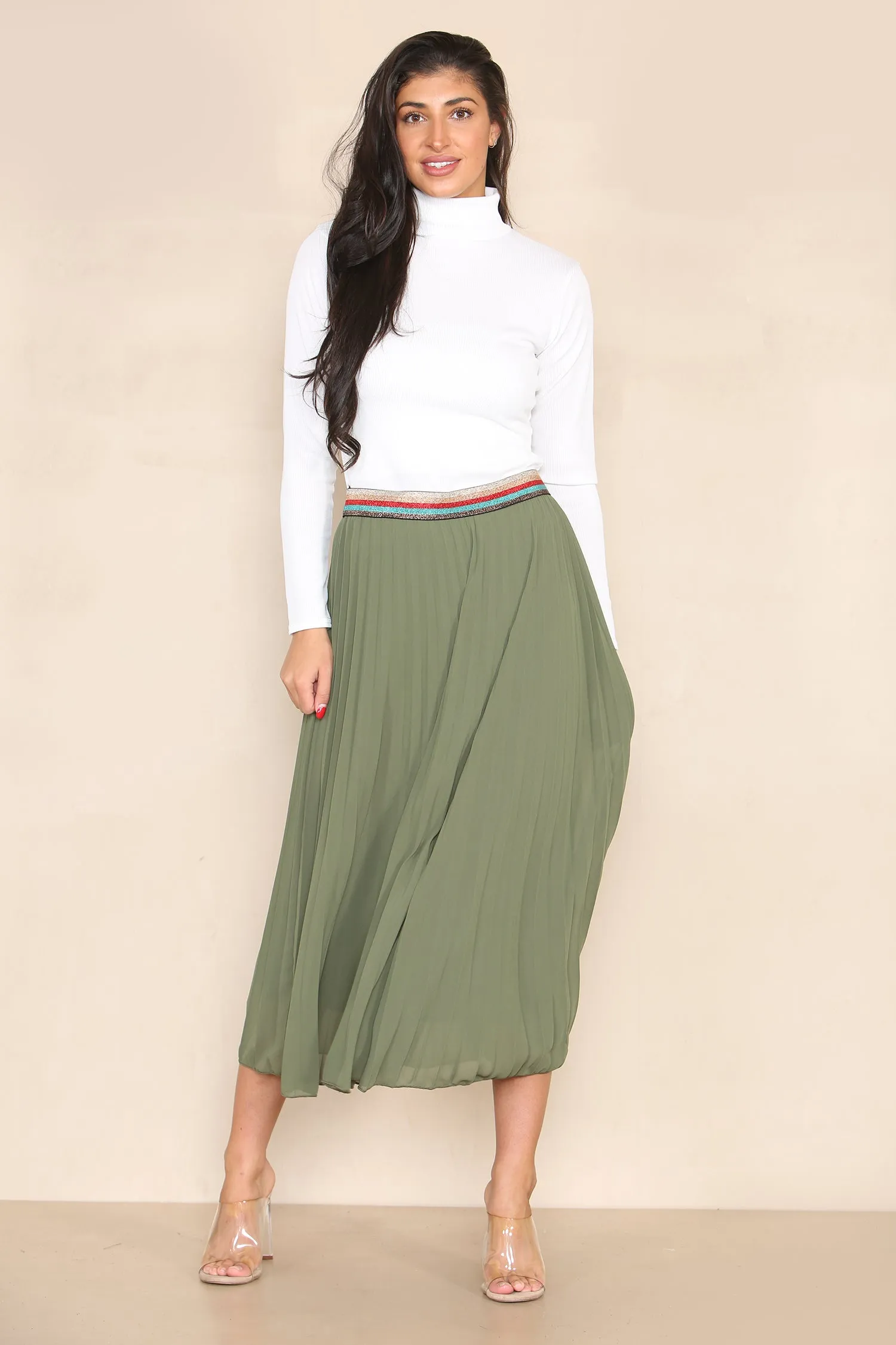 Pleated Midi Skirt with Rainbow Elasticated Waistband