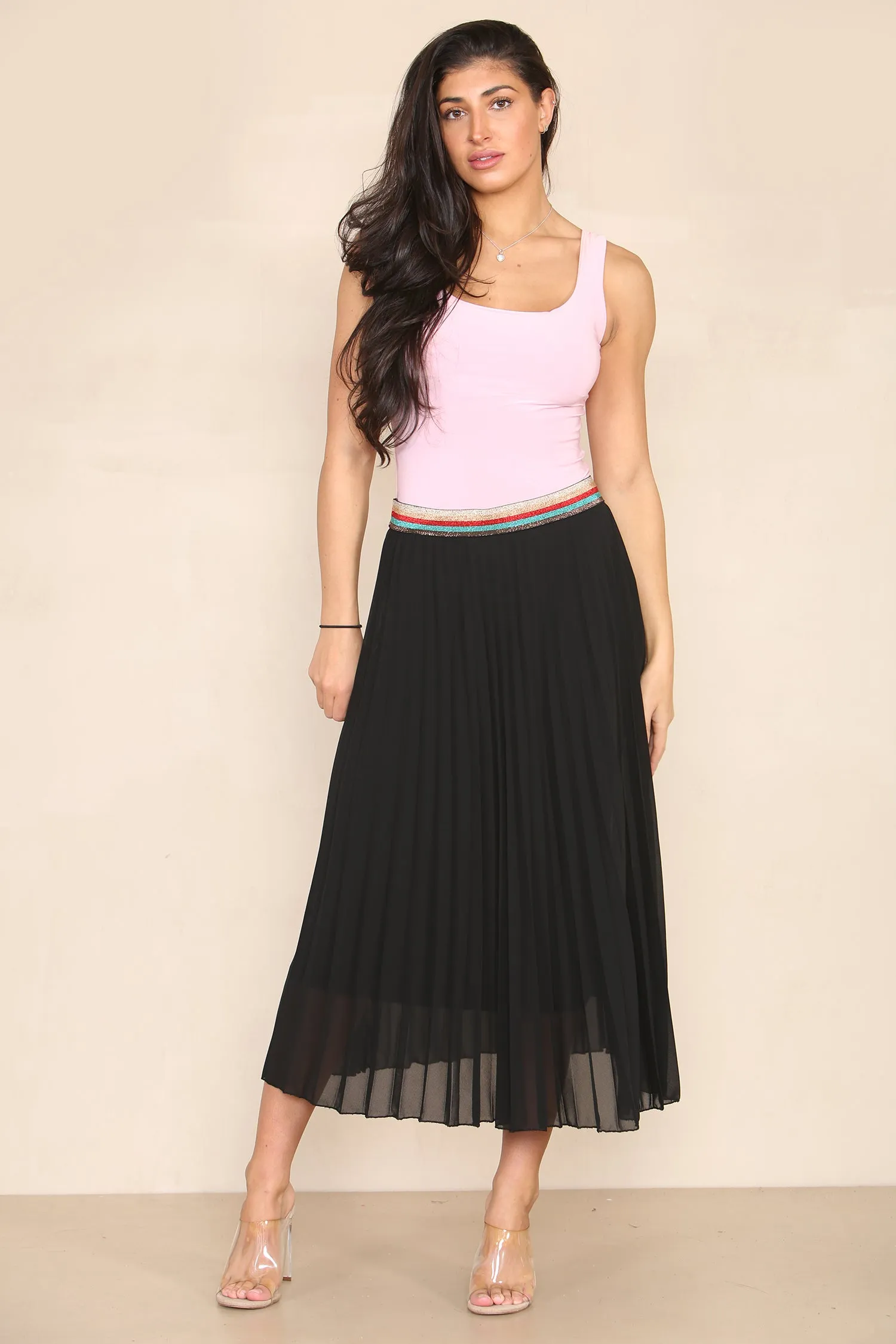 Pleated Midi Skirt with Rainbow Elasticated Waistband