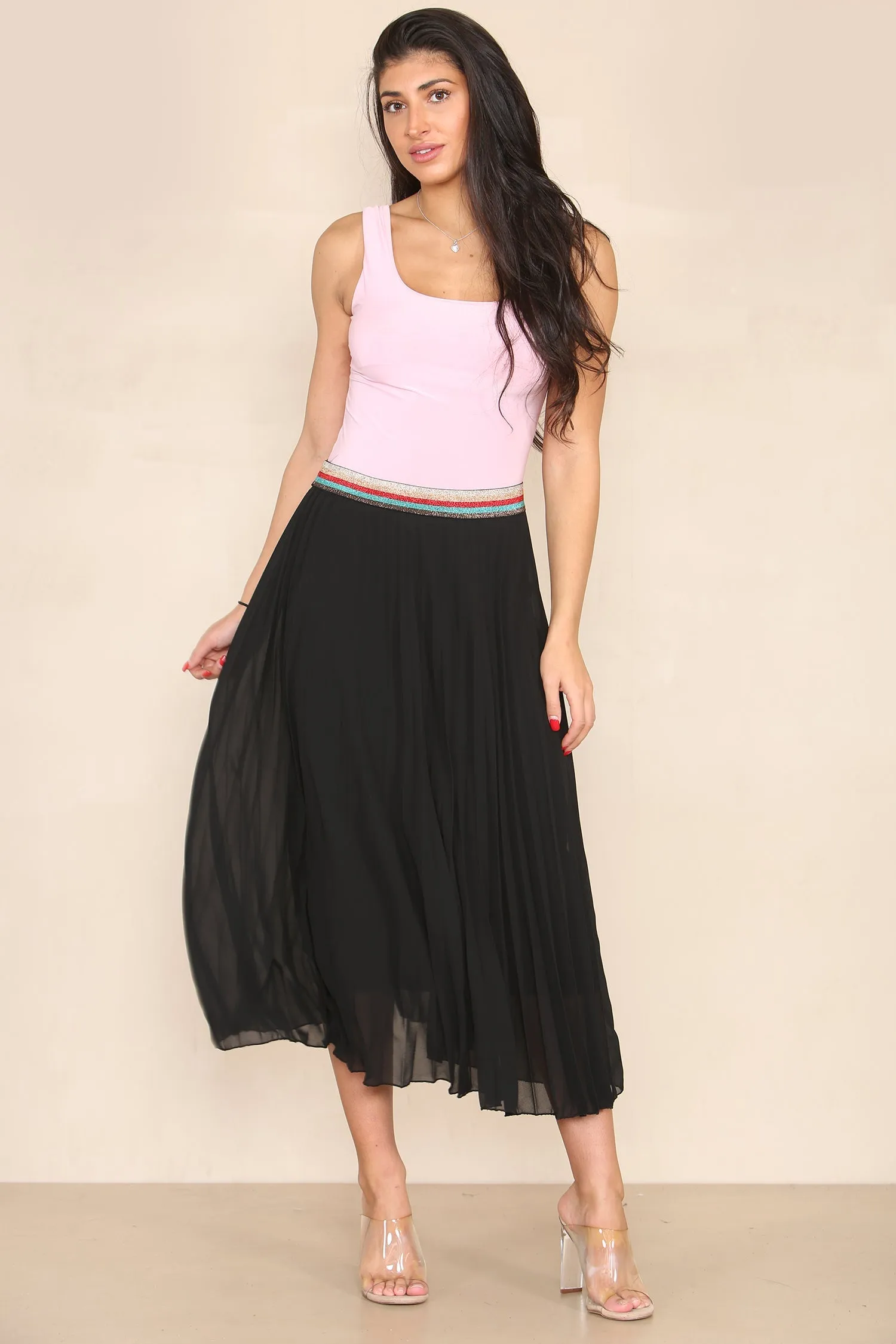 Pleated Midi Skirt with Rainbow Elasticated Waistband