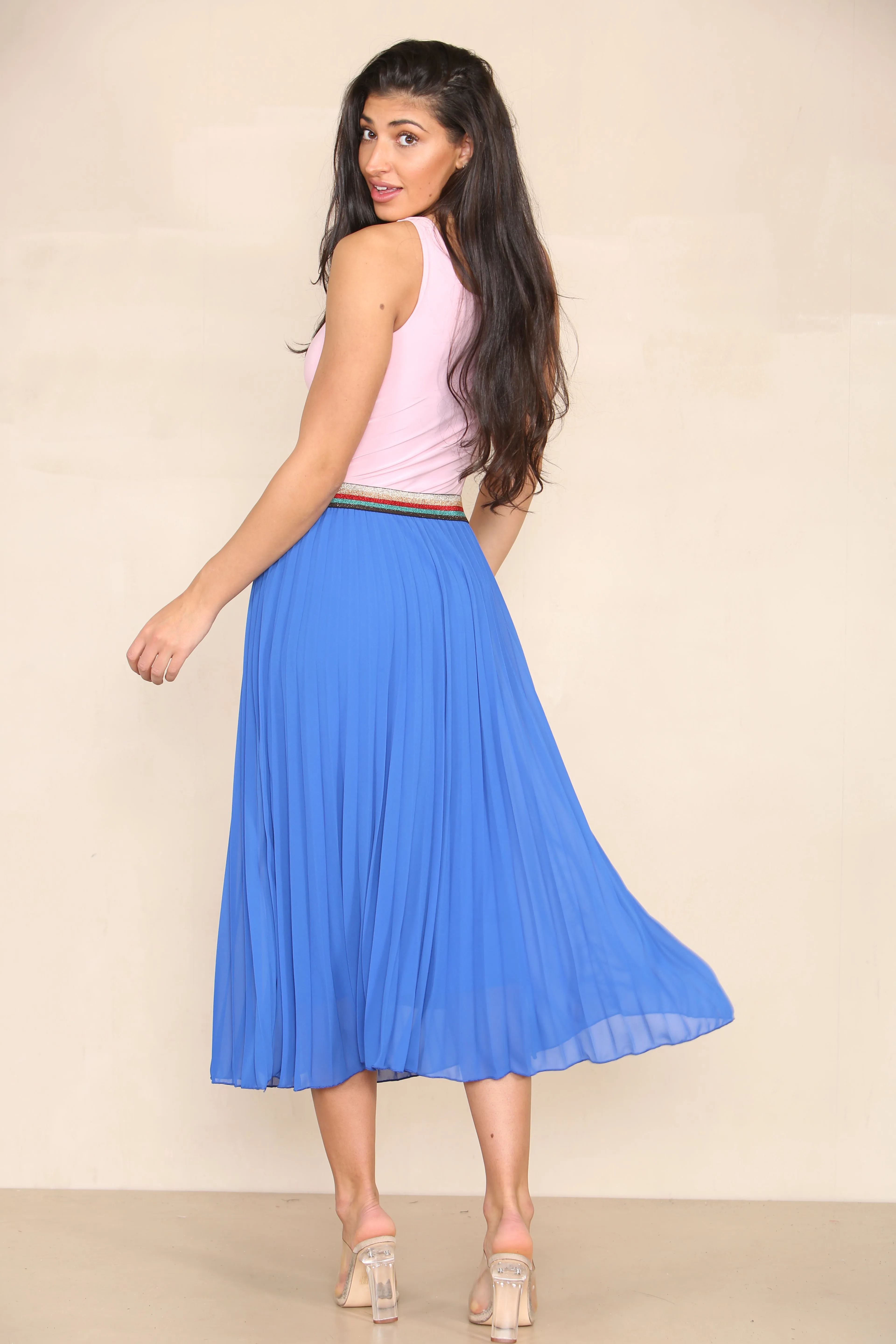 Pleated Midi Skirt with Rainbow Elasticated Waistband