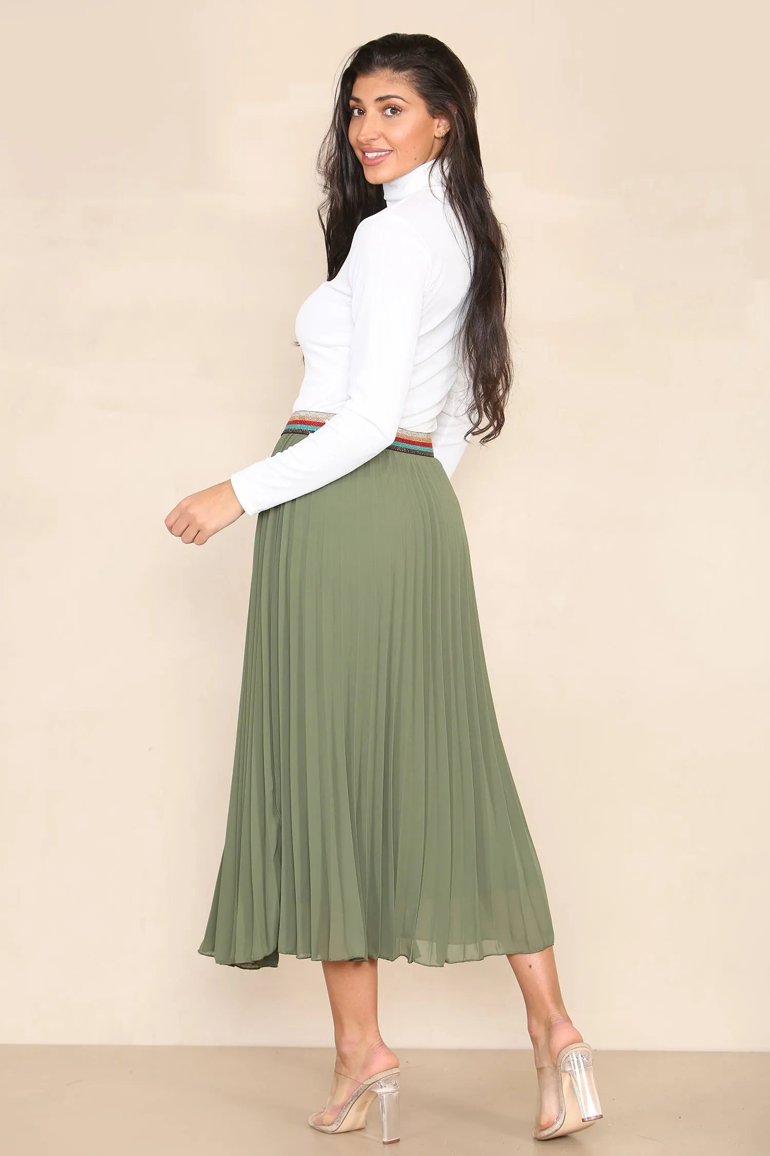 Pleated Midi Skirt with Rainbow Elasticated Waistband