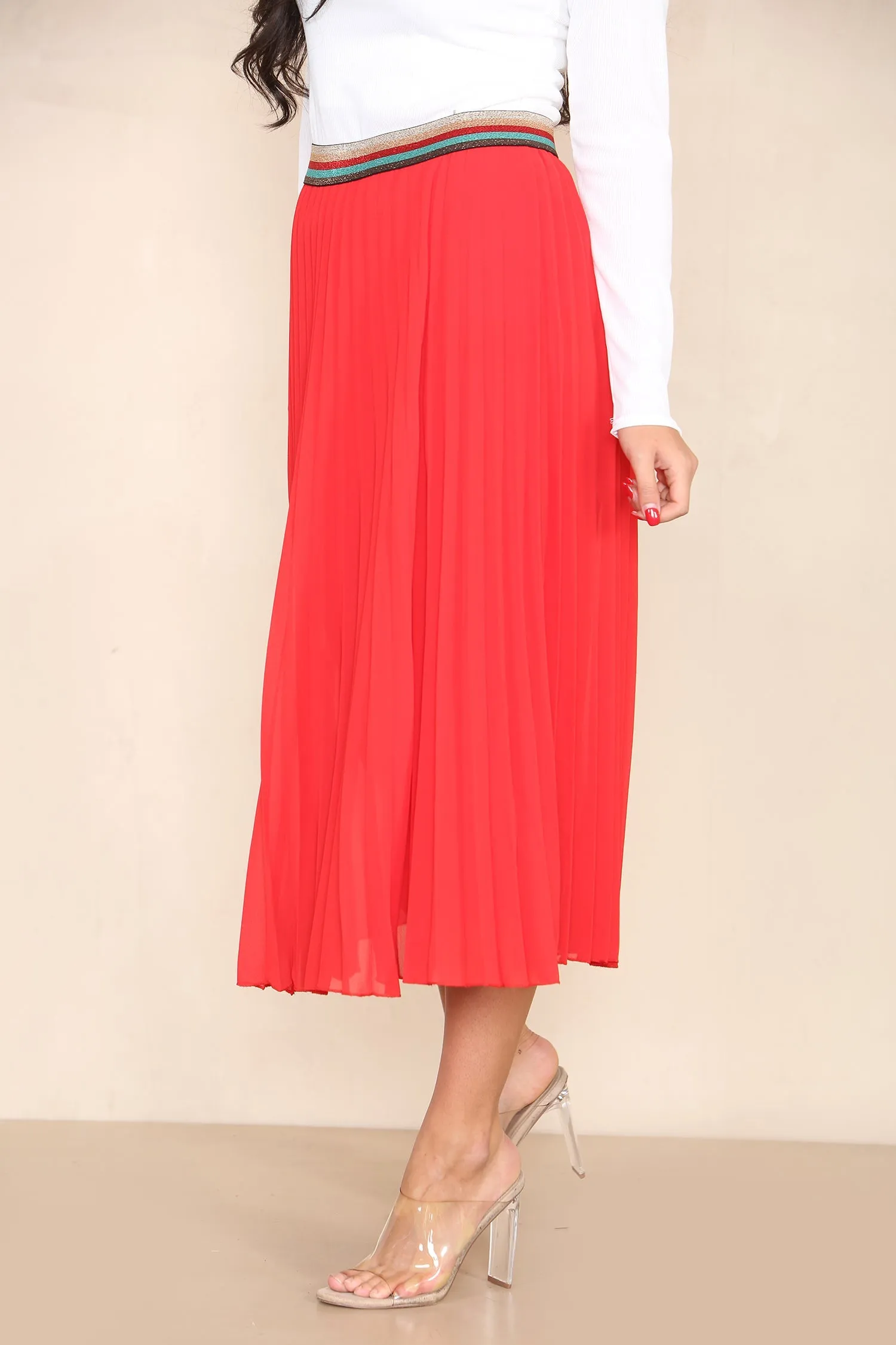Pleated Midi Skirt with Rainbow Elasticated Waistband