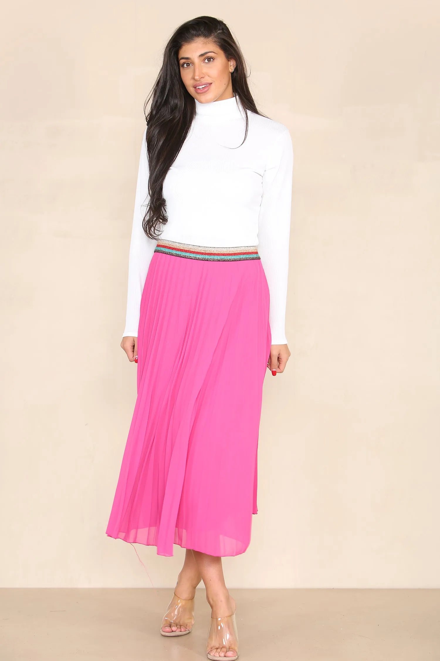 Pleated Midi Skirt with Rainbow Elasticated Waistband