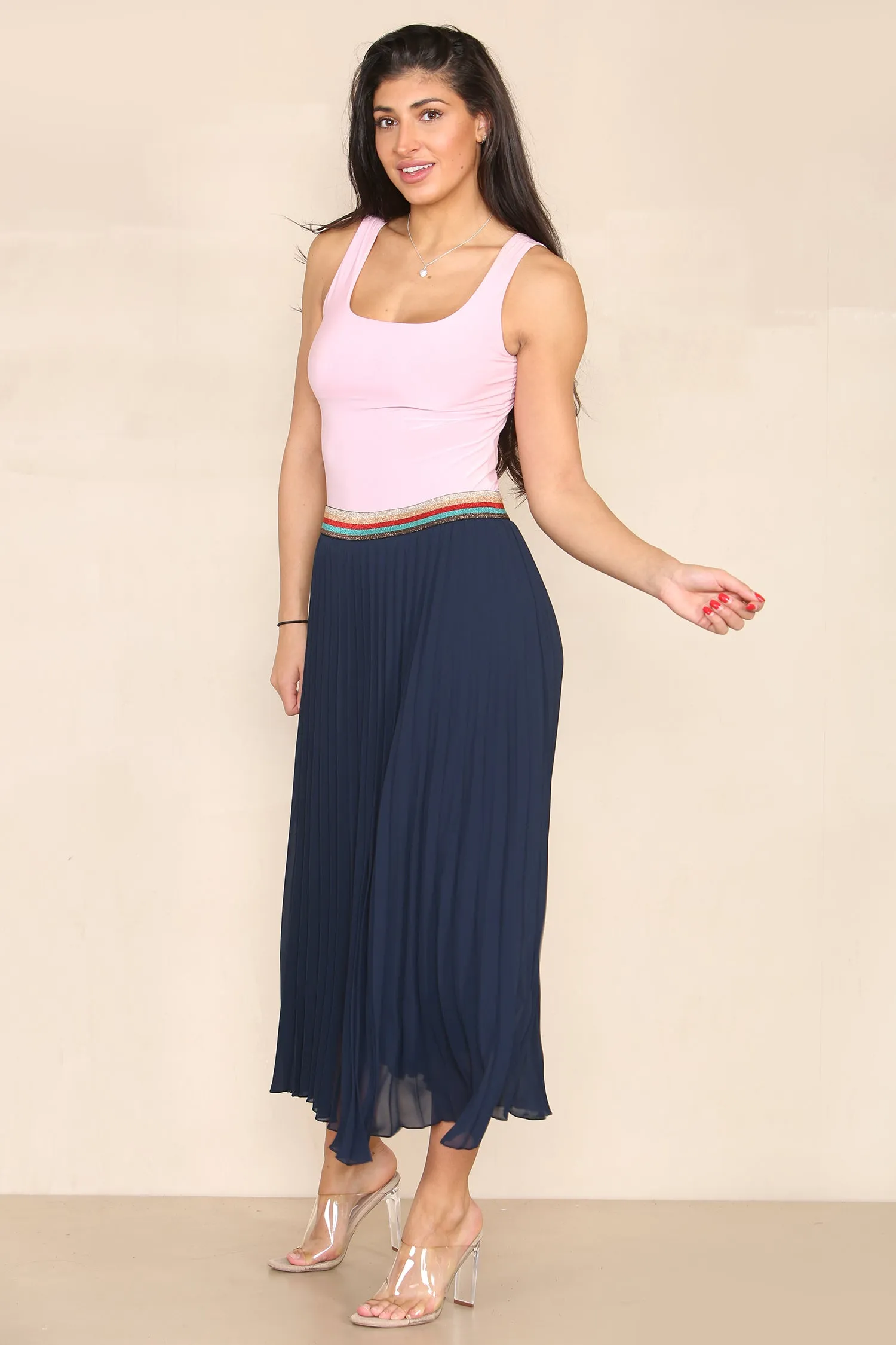Pleated Midi Skirt with Rainbow Elasticated Waistband