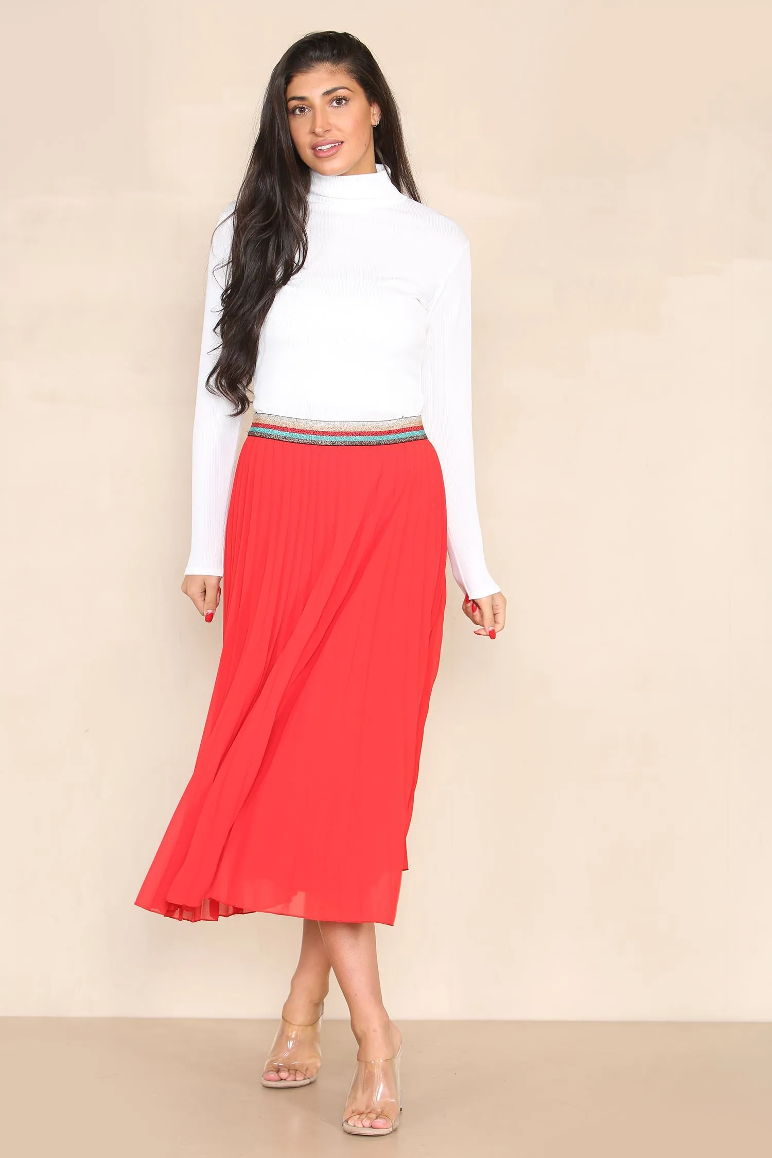 Pleated Midi Skirt with Rainbow Elasticated Waistband
