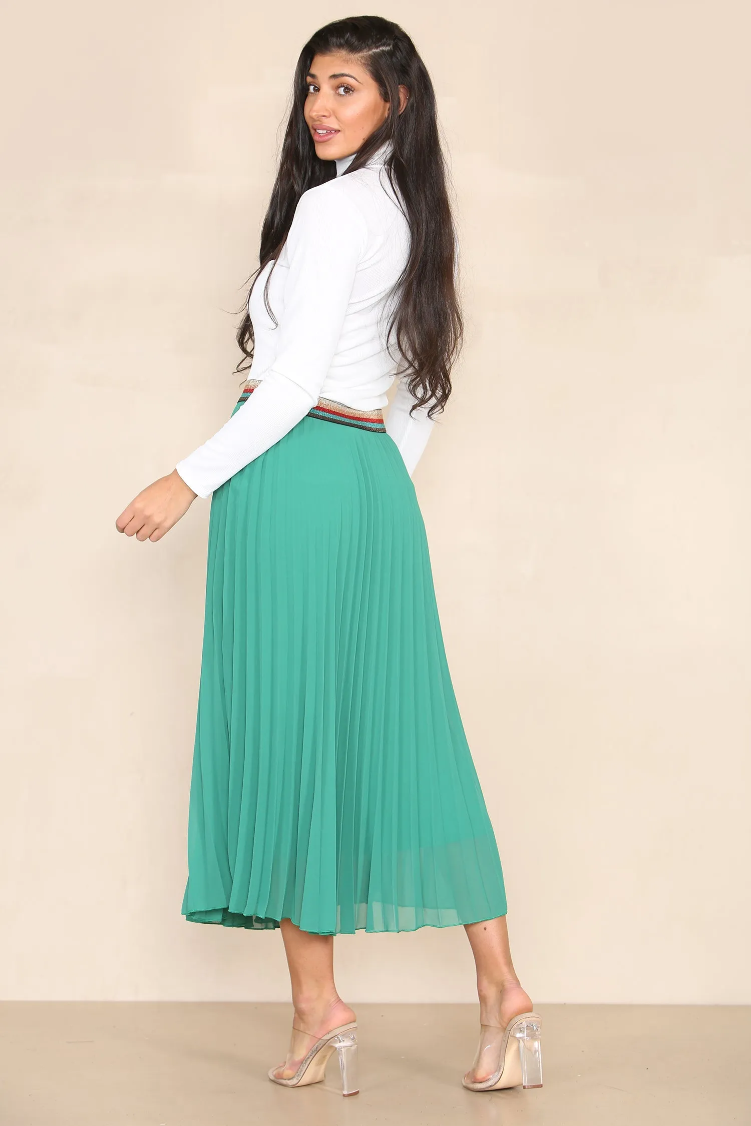 Pleated Midi Skirt with Rainbow Elasticated Waistband