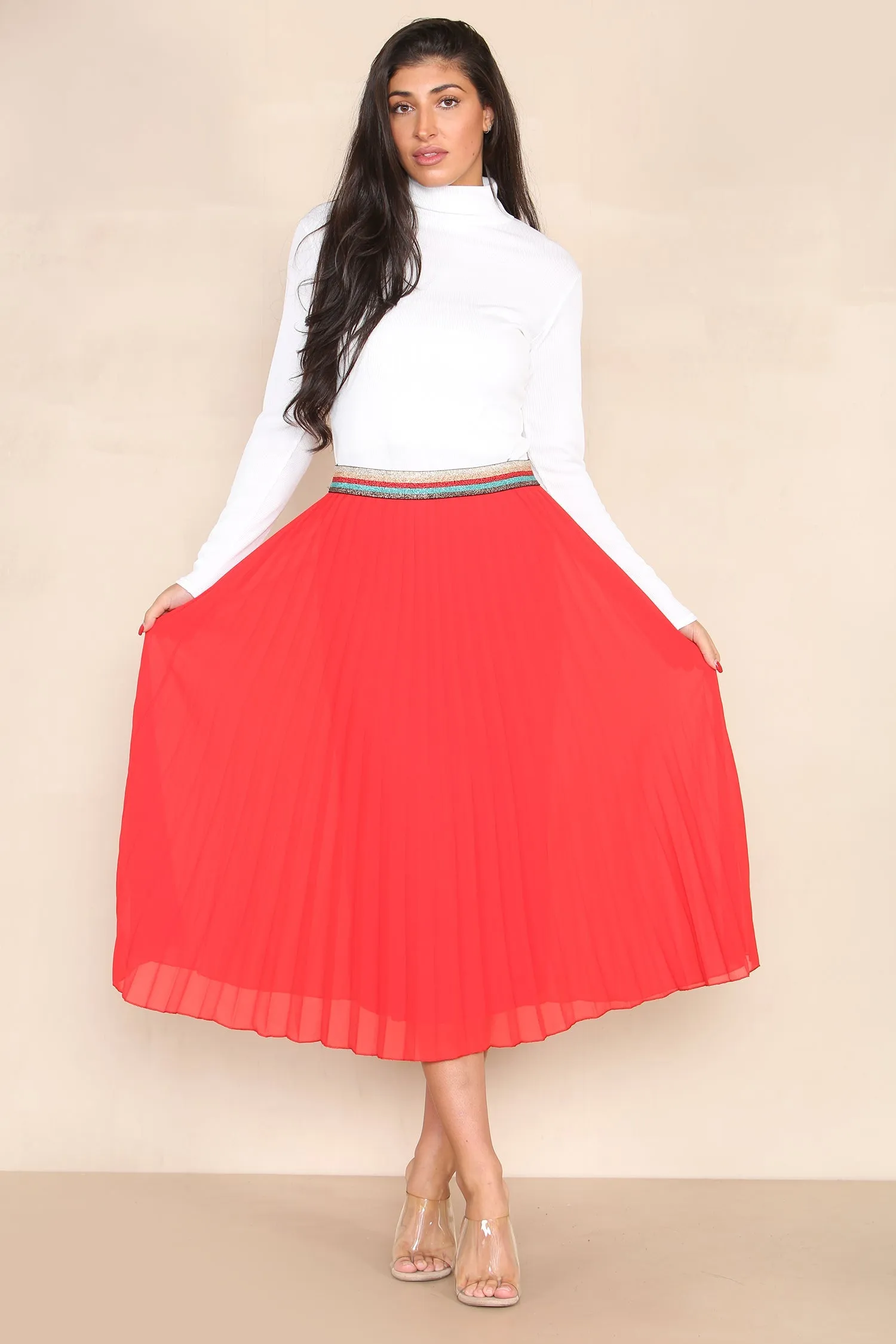 Pleated Midi Skirt with Rainbow Elasticated Waistband