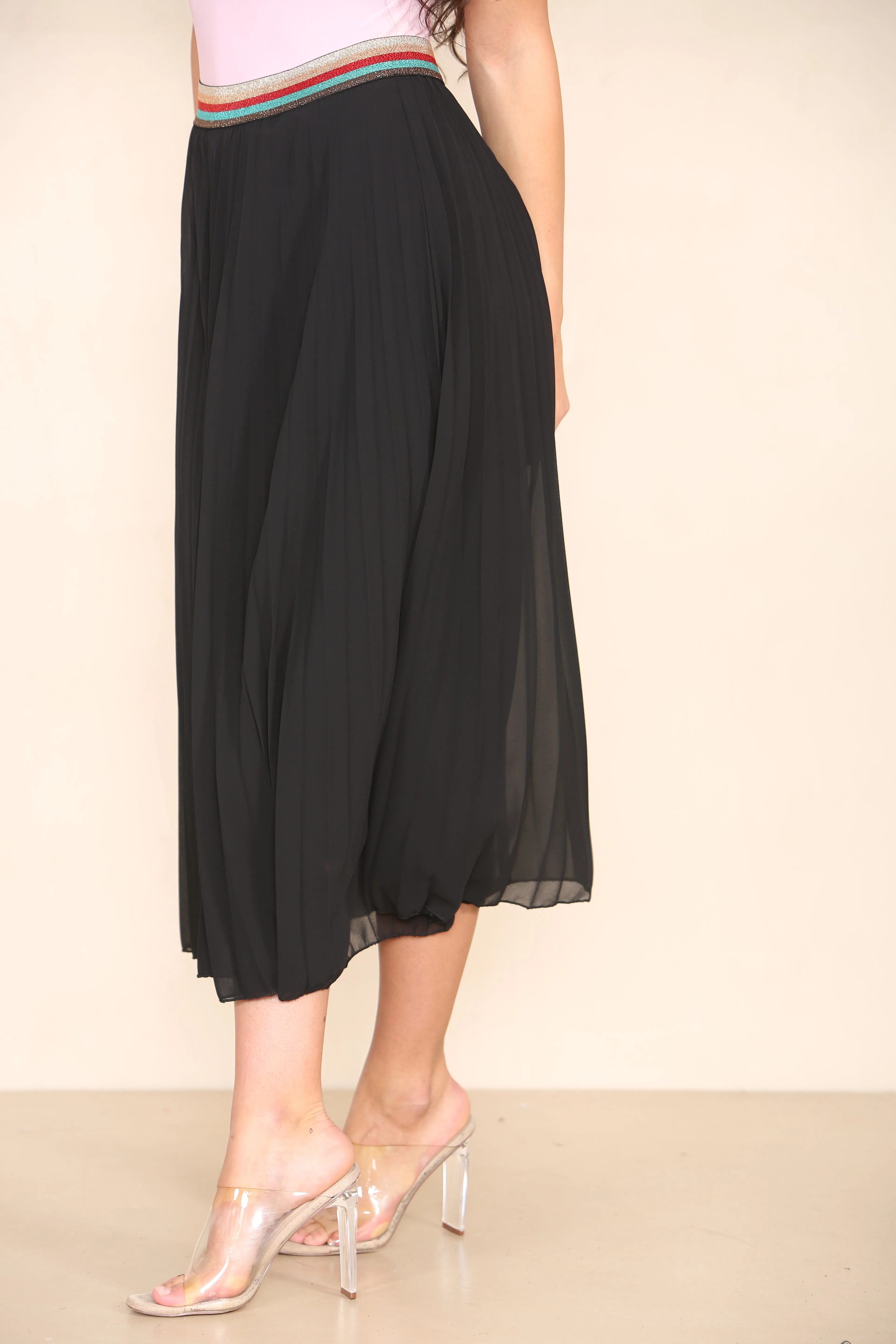 Pleated Midi Skirt with Rainbow Elasticated Waistband