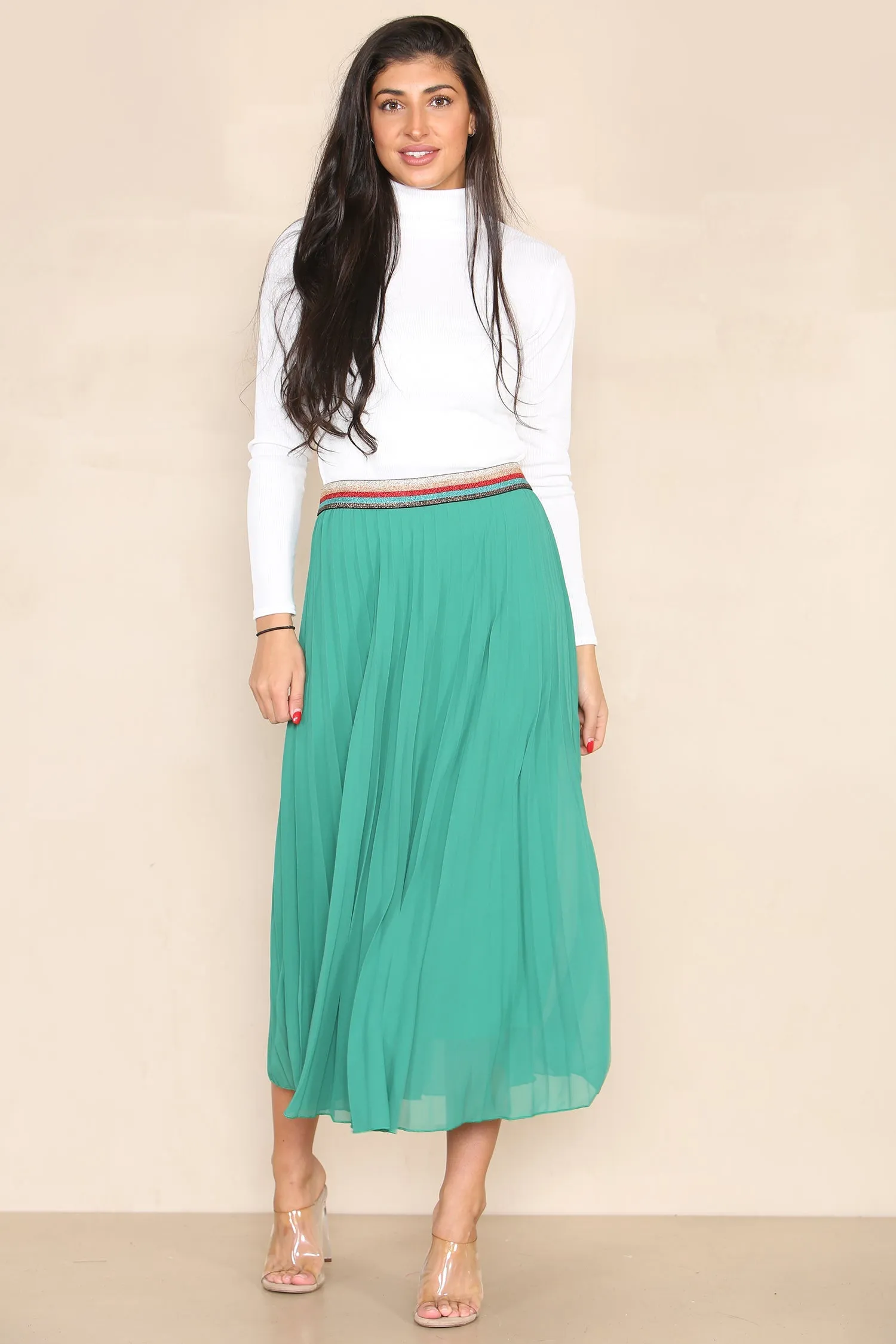 Pleated Midi Skirt with Rainbow Elasticated Waistband