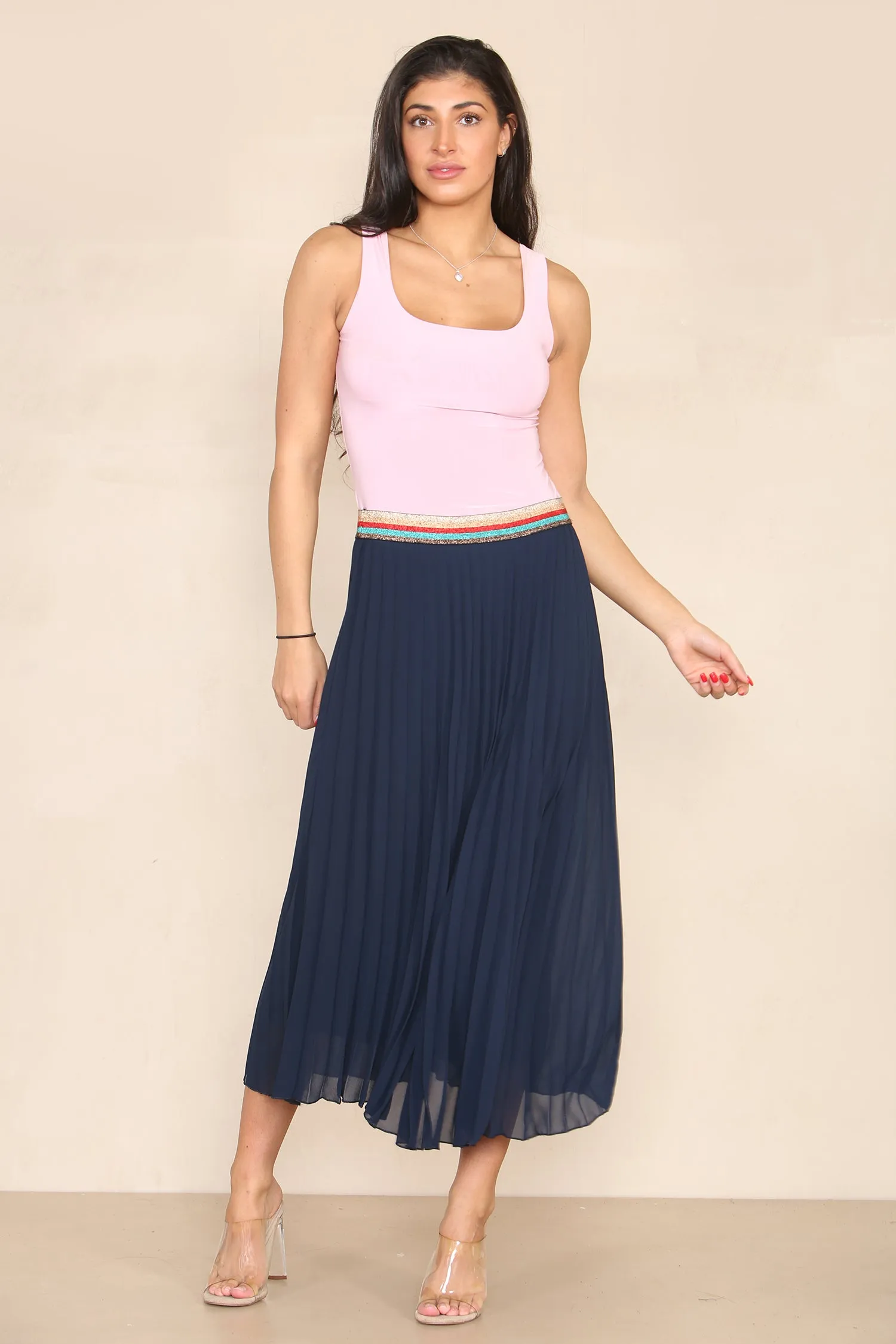 Pleated Midi Skirt with Rainbow Elasticated Waistband