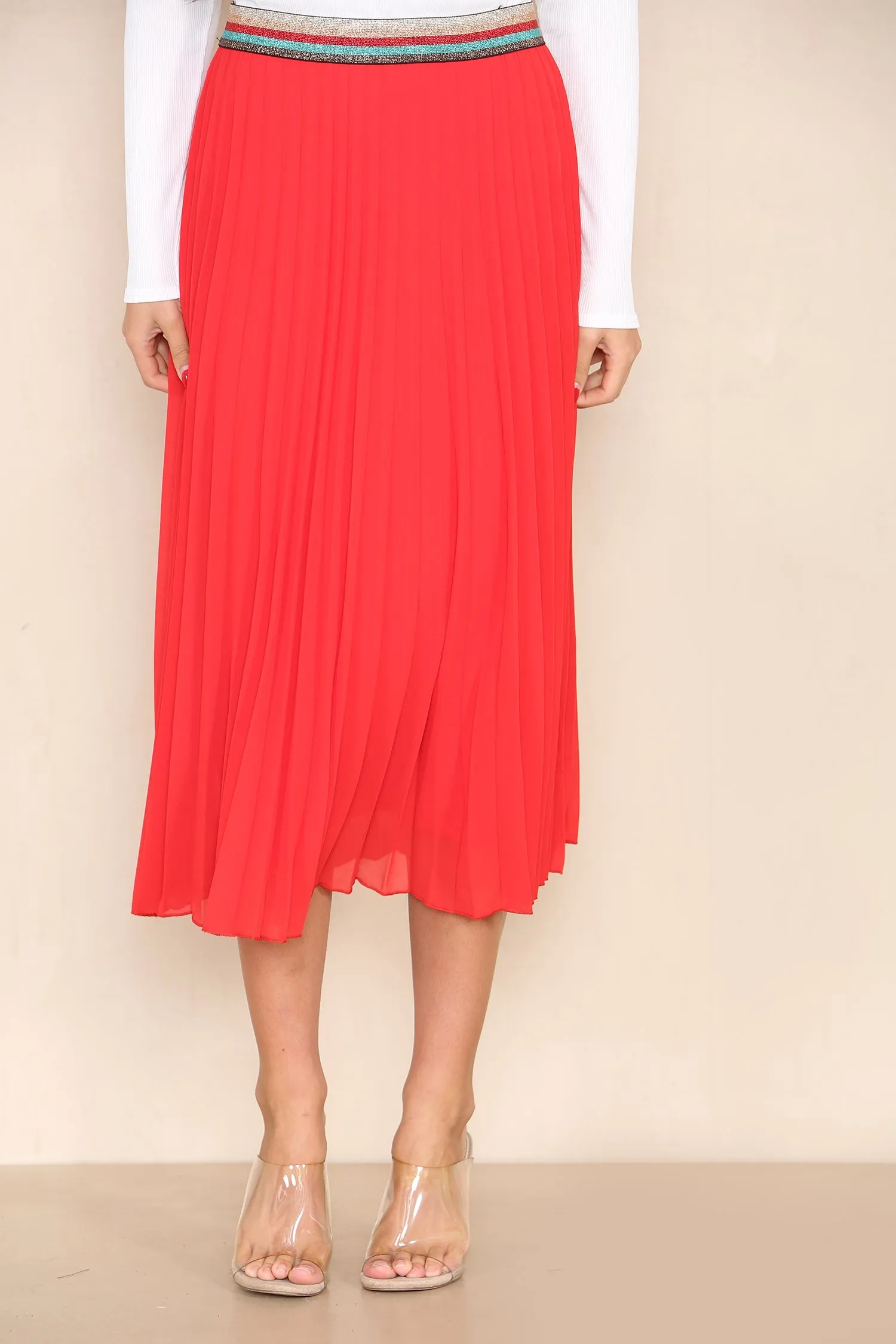 Pleated Midi Skirt with Rainbow Elasticated Waistband