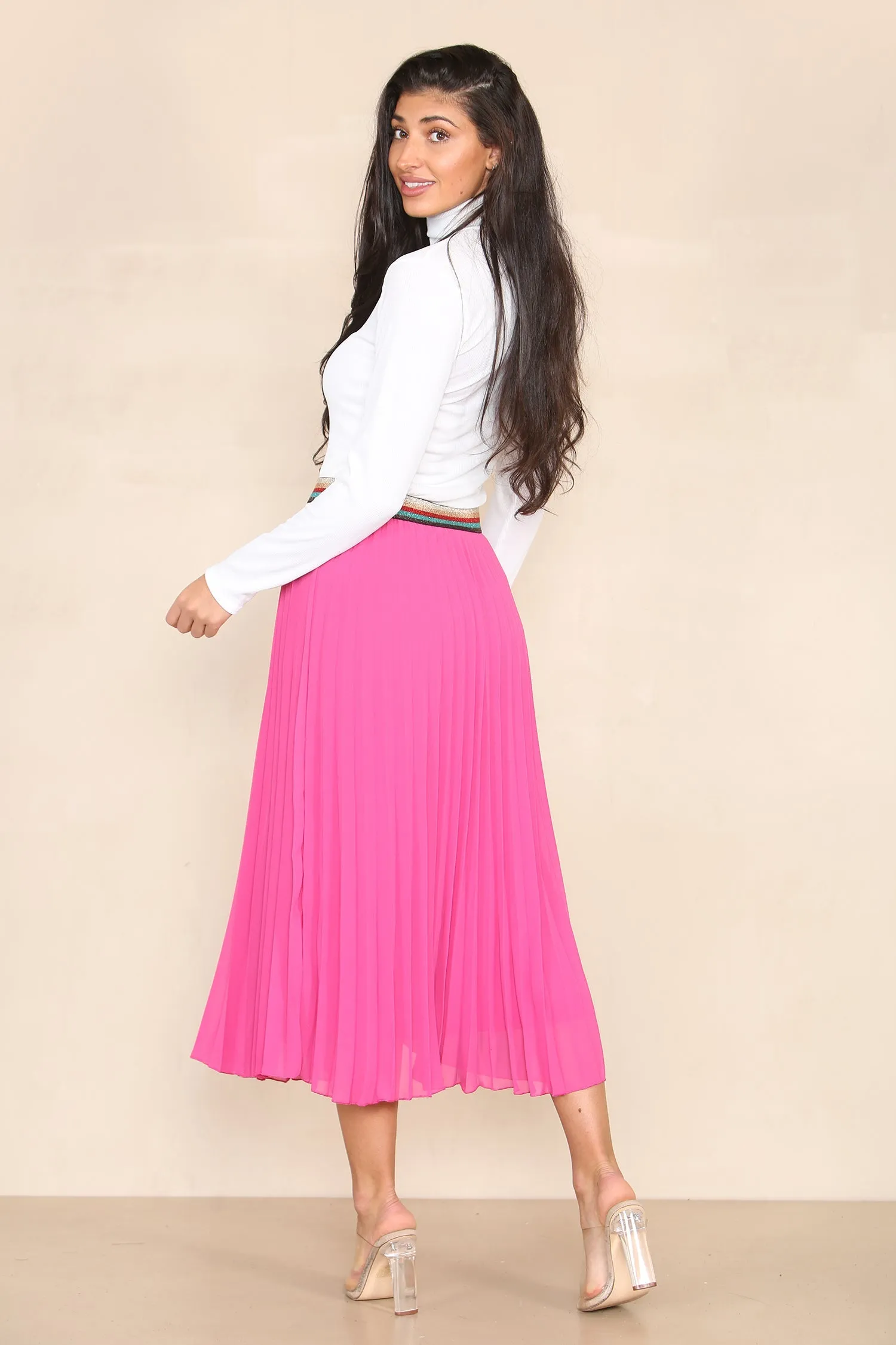 Pleated Midi Skirt with Rainbow Elasticated Waistband