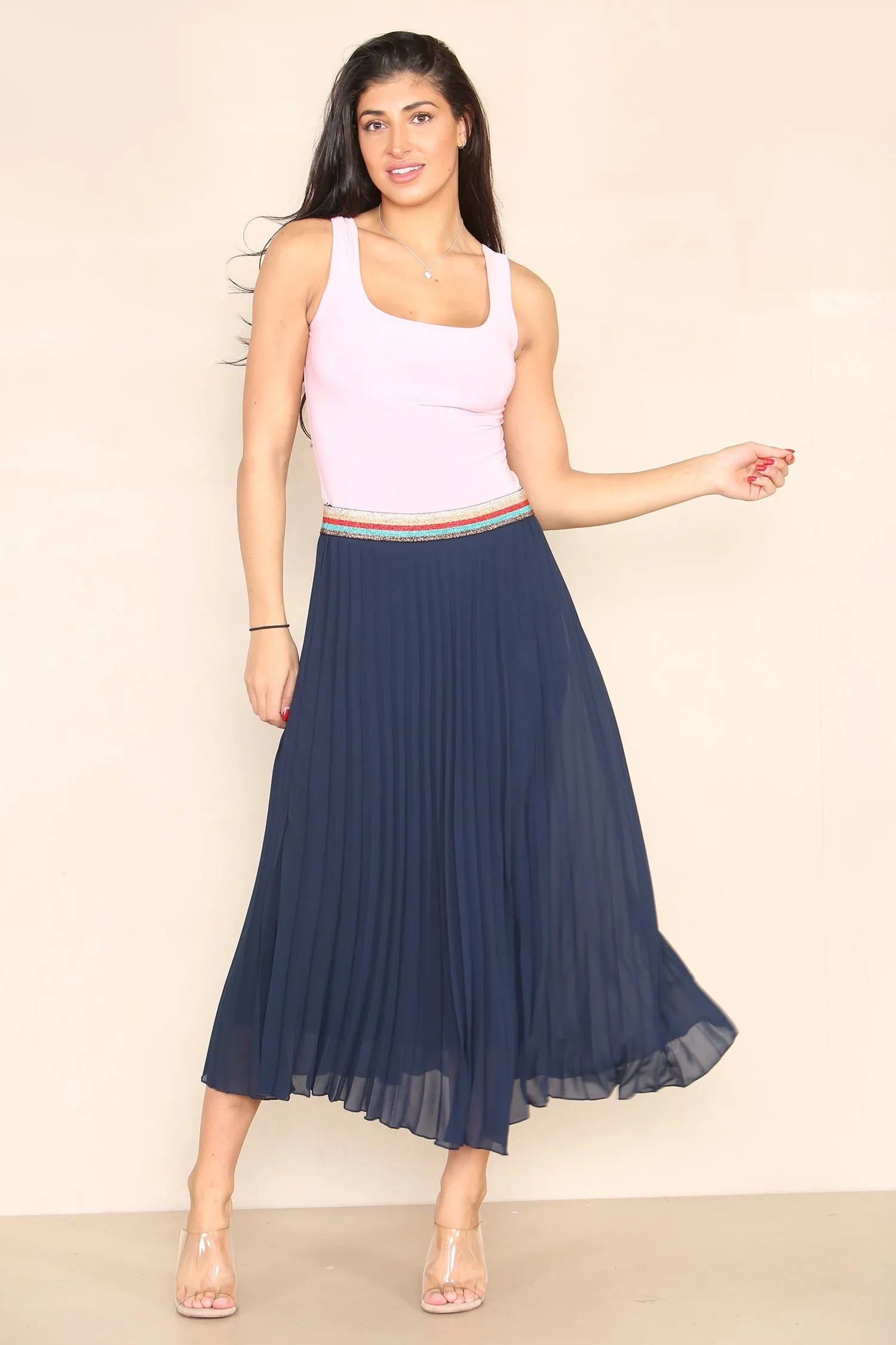 Pleated Midi Skirt with Rainbow Elasticated Waistband