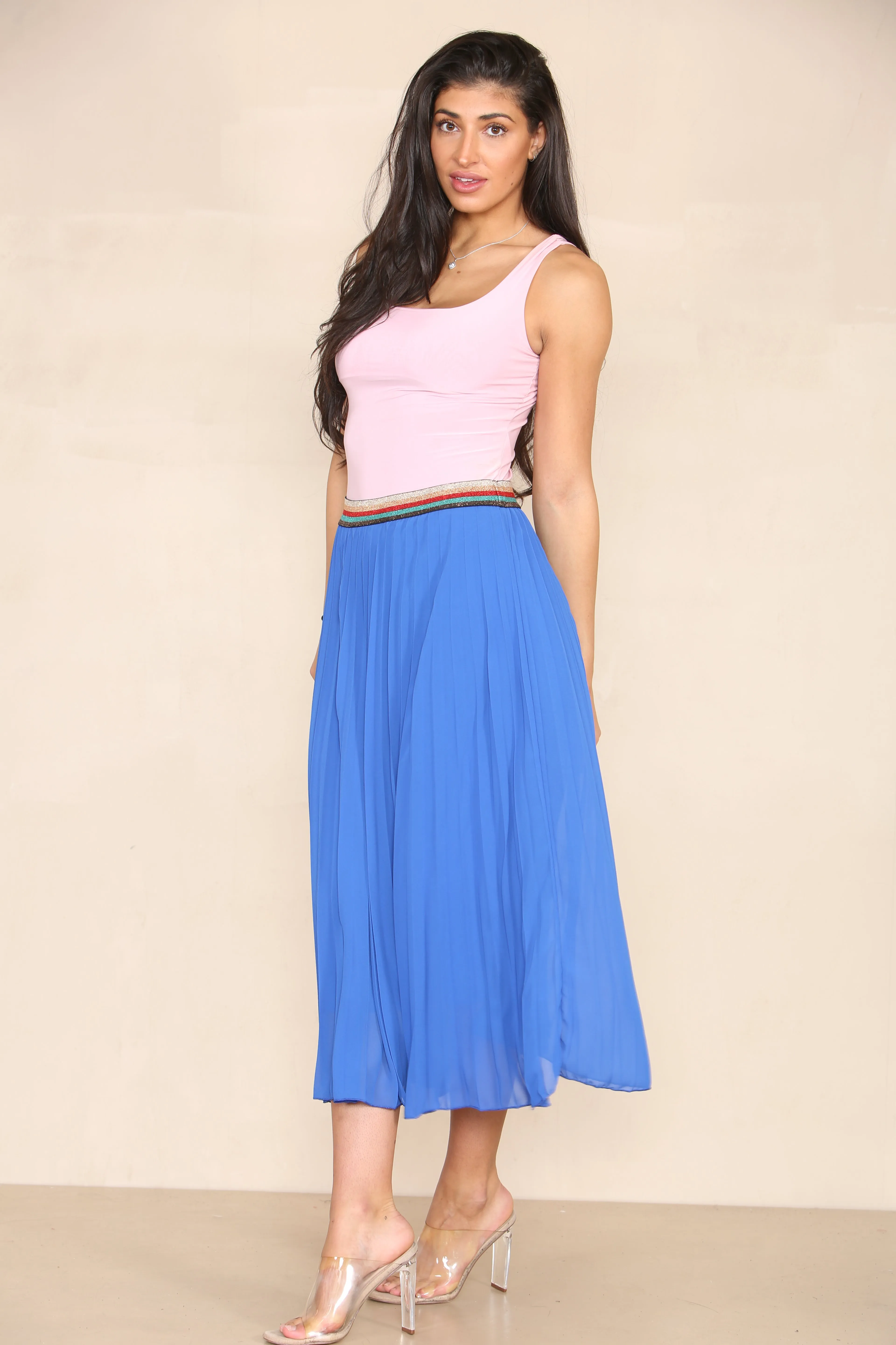 Pleated Midi Skirt with Rainbow Elasticated Waistband