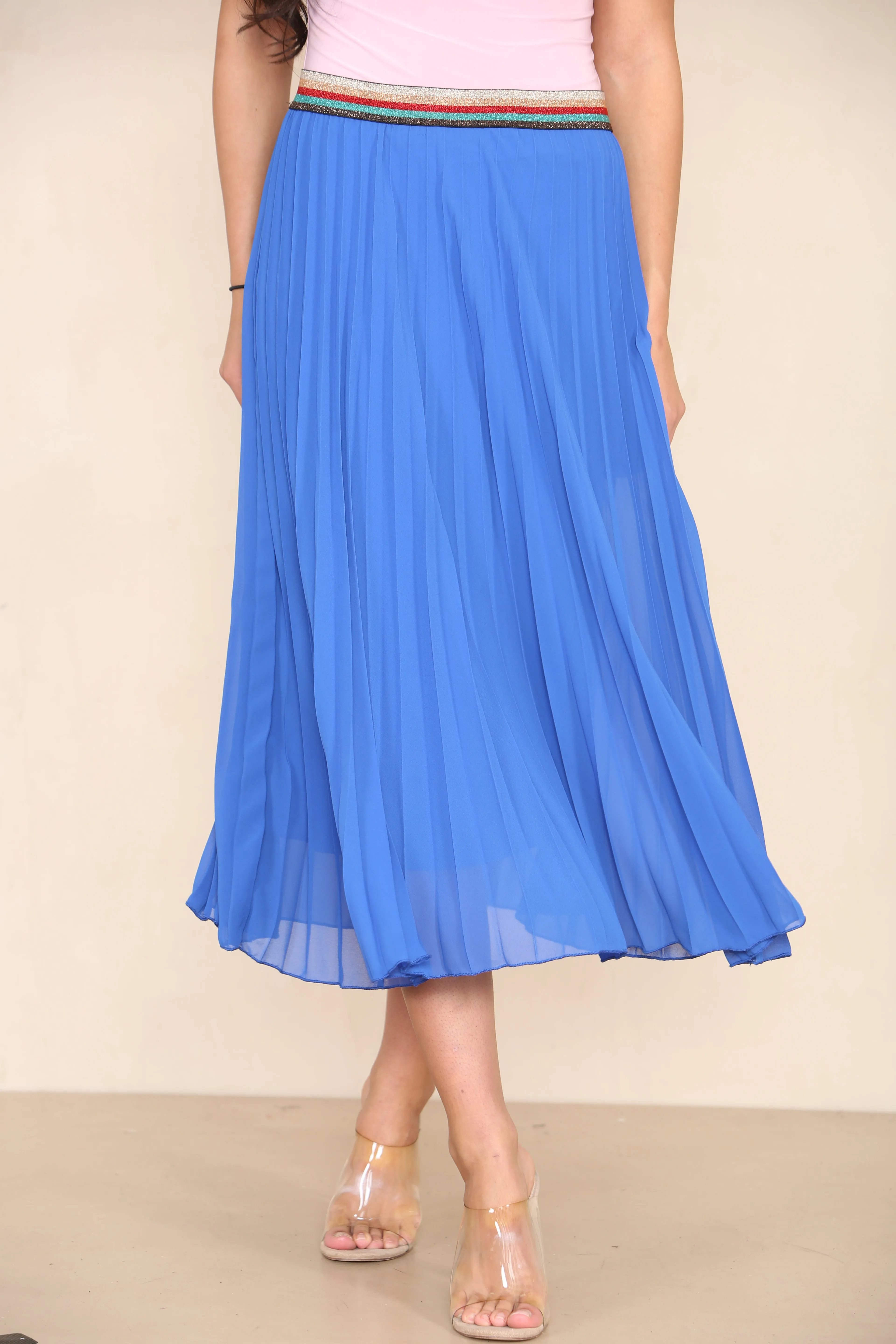Pleated Midi Skirt with Rainbow Elasticated Waistband