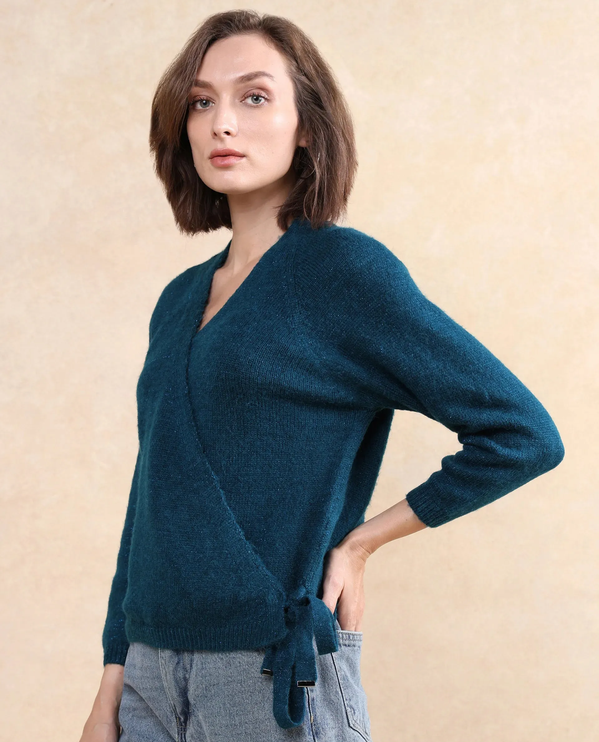 Rareism Women Minjin Dark Teal Relaxed Fit Plain Cardigan