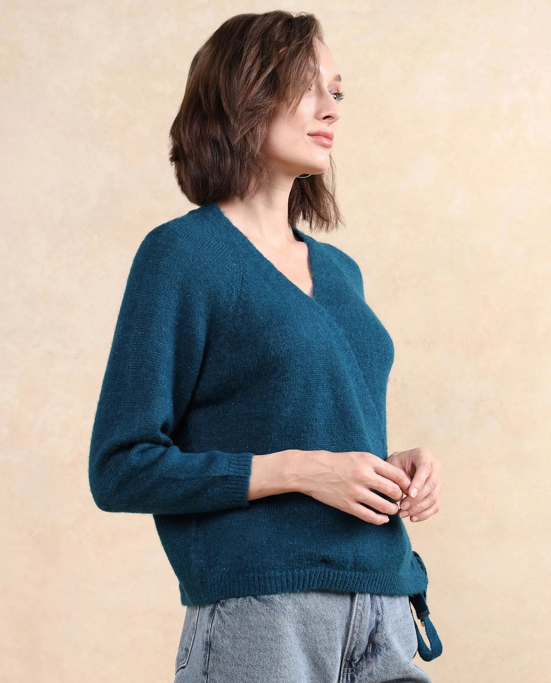 Rareism Women Minjin Dark Teal Relaxed Fit Plain Cardigan