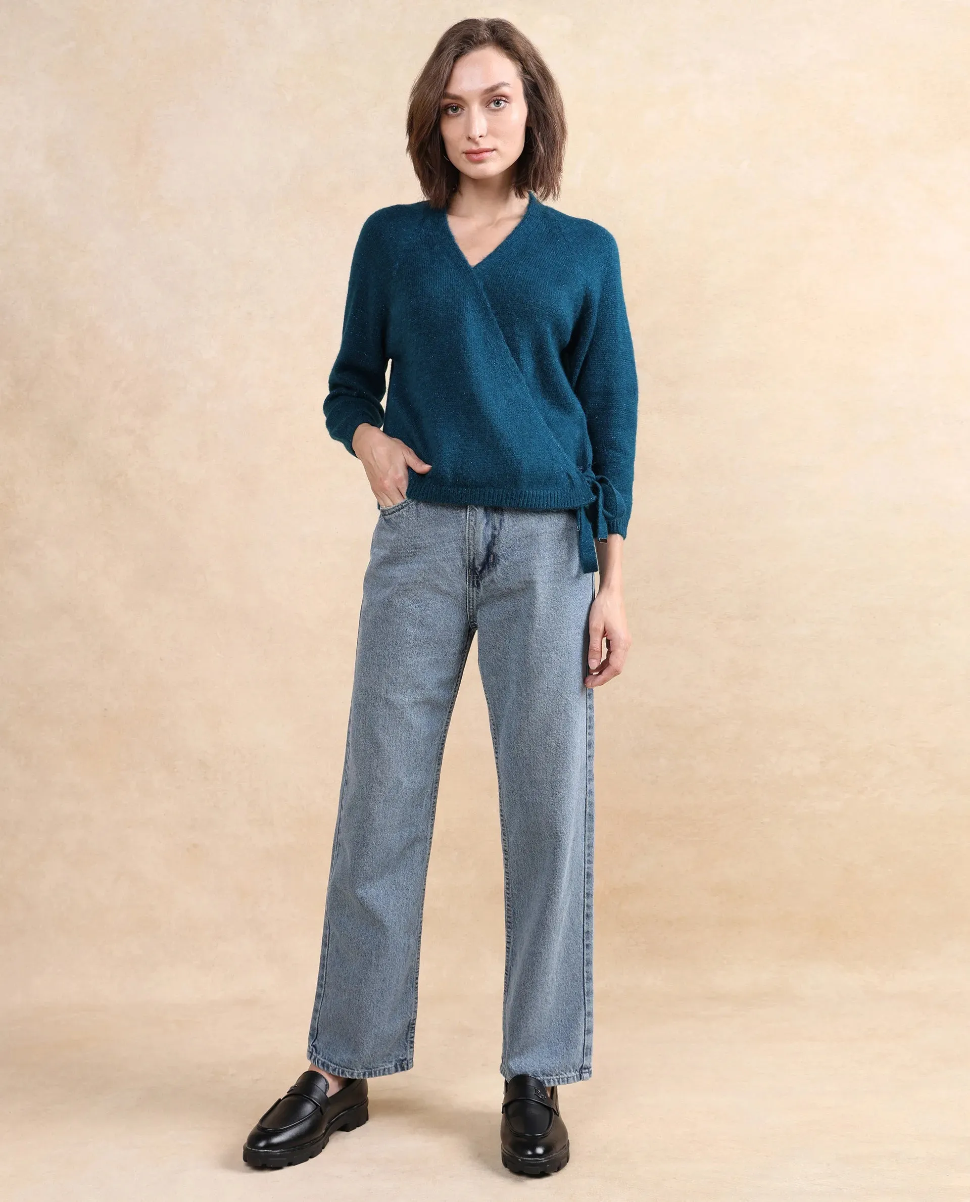 Rareism Women Minjin Dark Teal Relaxed Fit Plain Cardigan